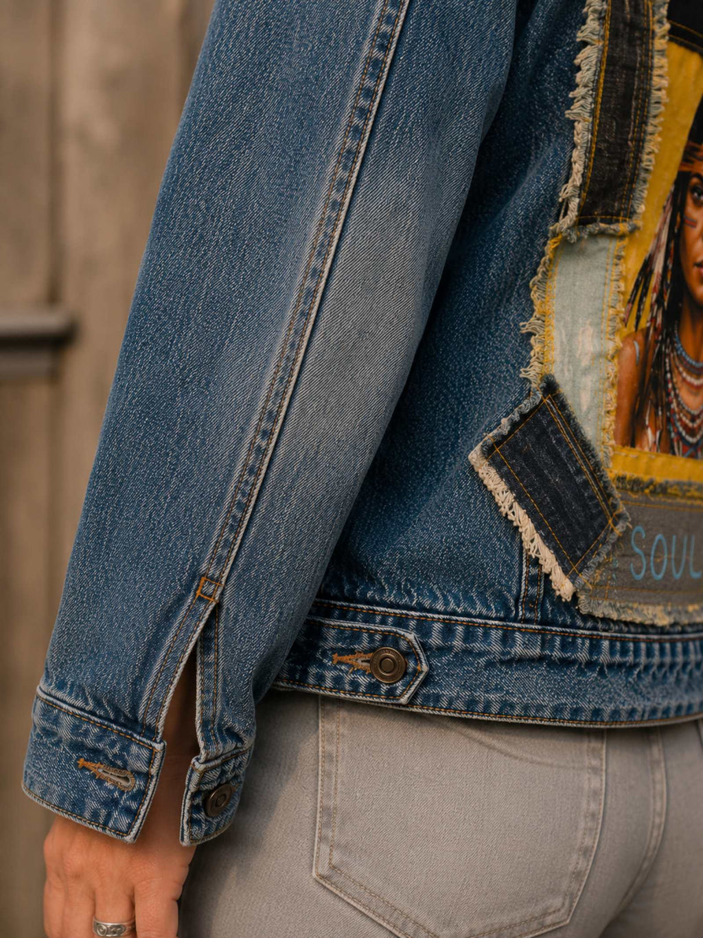 Detail van de denim mouw met originele stiksels en authentieke jeansstructuur van het One of a Kind jasje.