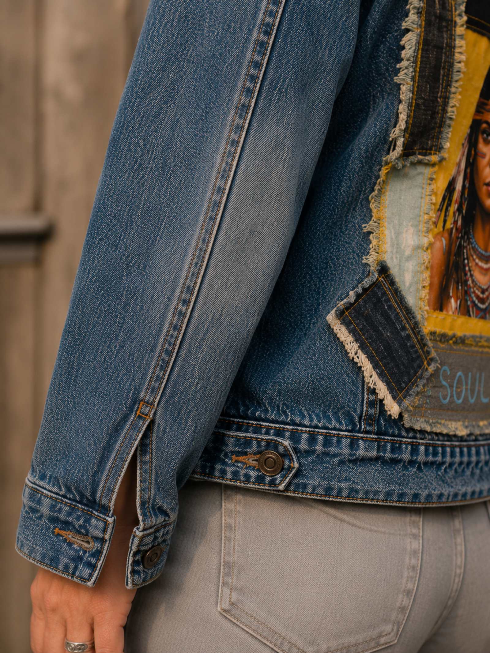 Detail van de denim mouw met originele stiksels en authentieke jeansstructuur van het One of a Kind jasje.