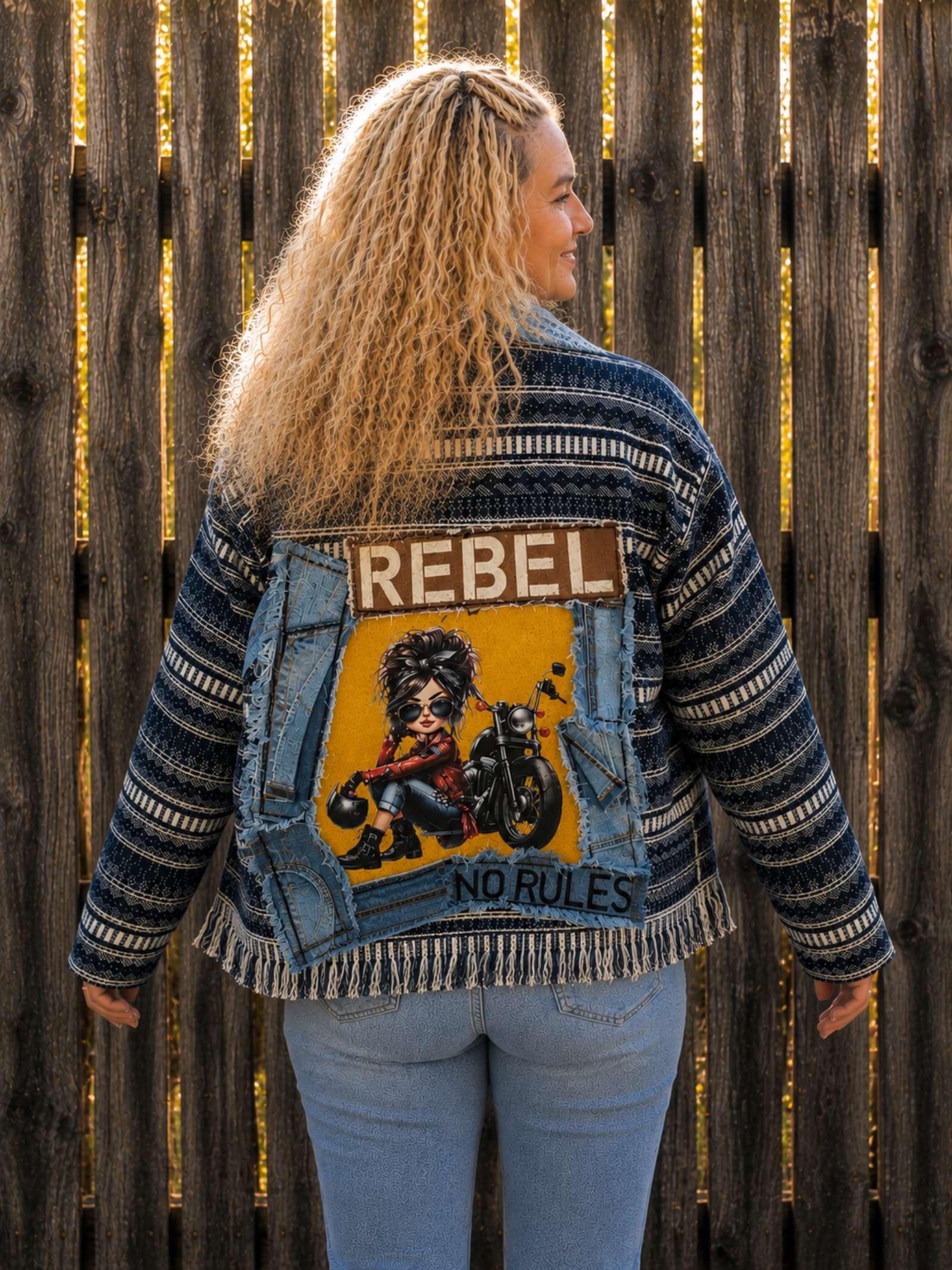 One of a Kind Rebel No Rules upcycled jasje achterkant met denim patchwork gedragen model Old New Atelier