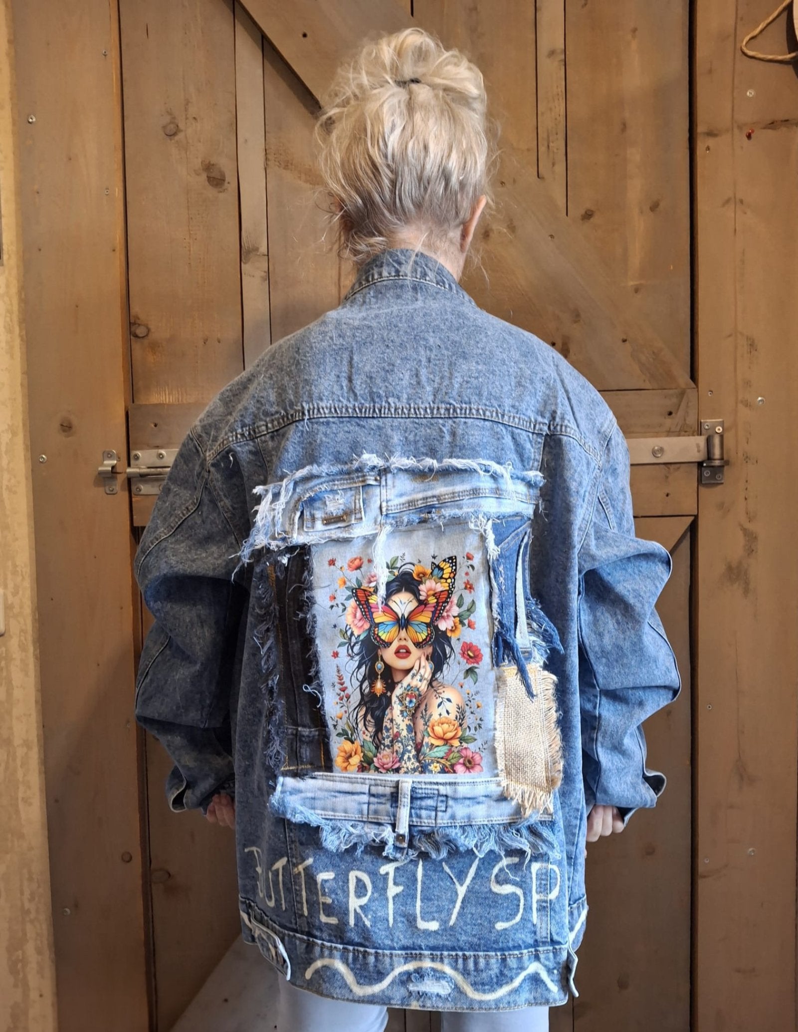 Verkocht -Upcycled Denim Jacket – Butterfly Spirit