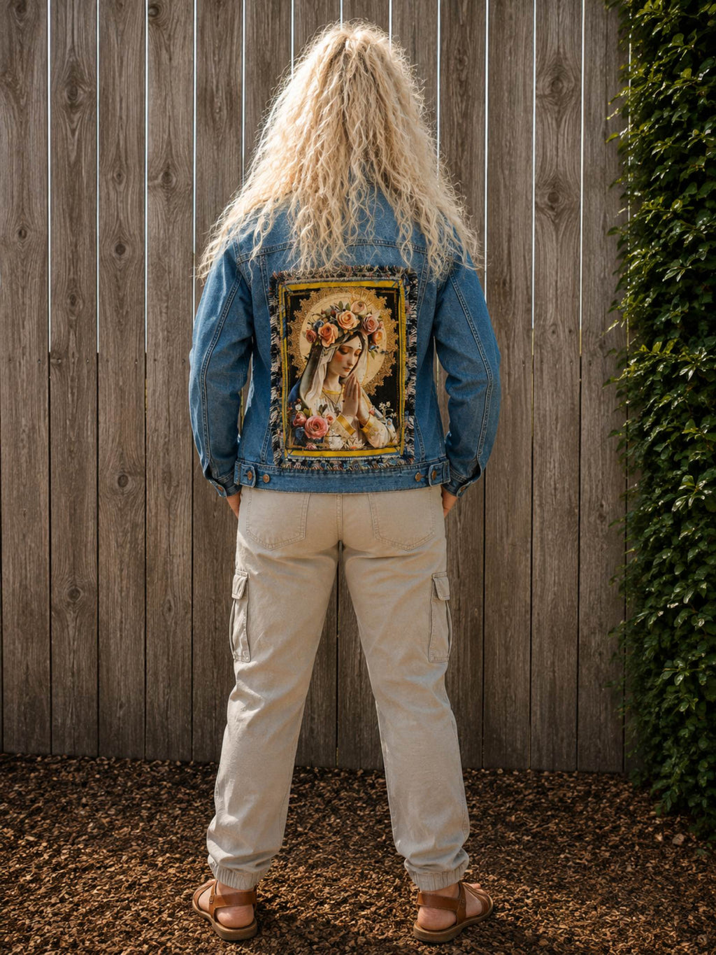Achterkant Madonna Spirit denim jasje met groot Madonna rugkunstwerk