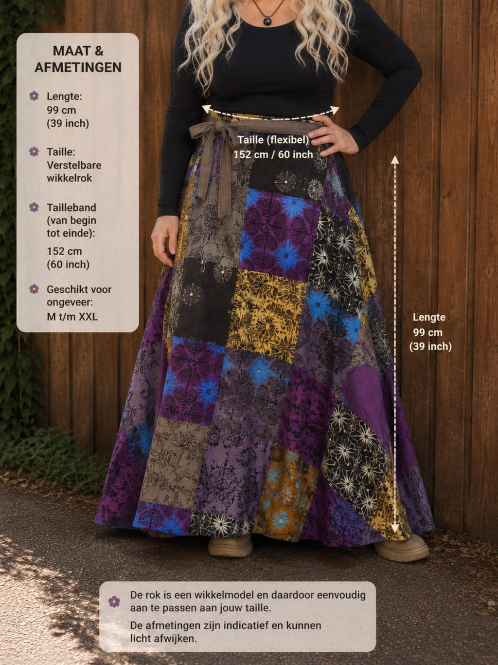 Maatoverlay van paarse boho patchwork wrap rok one size S tot XL