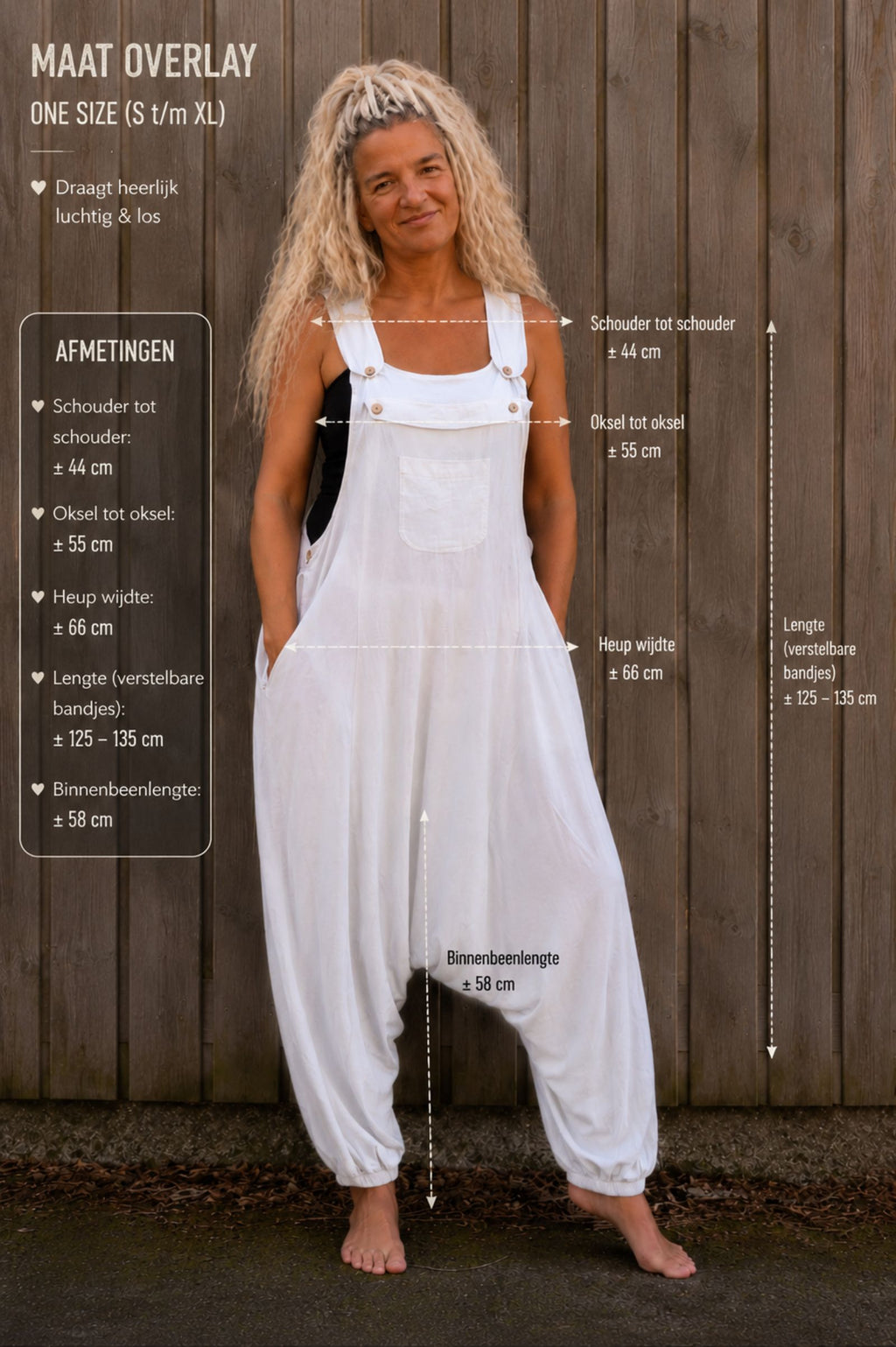 Maatoverlay one size boho tuinbroek met afmetingen en pasvorm S tot en met XL – Old New Atelier