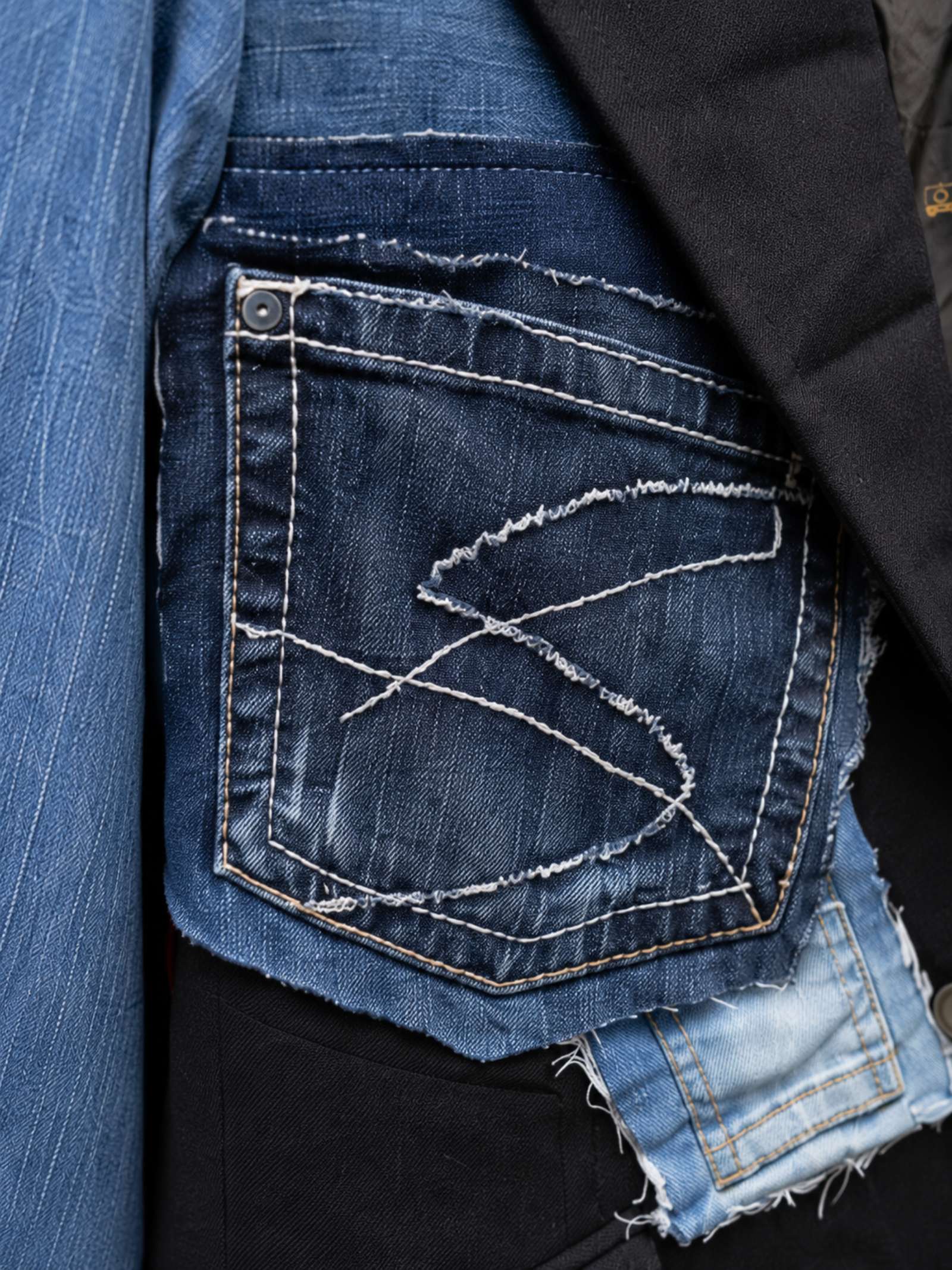 Close-up van de gerecyclede denimstructuur, jeanszak en ambachtelijk stikwerk op een upcycled colbert