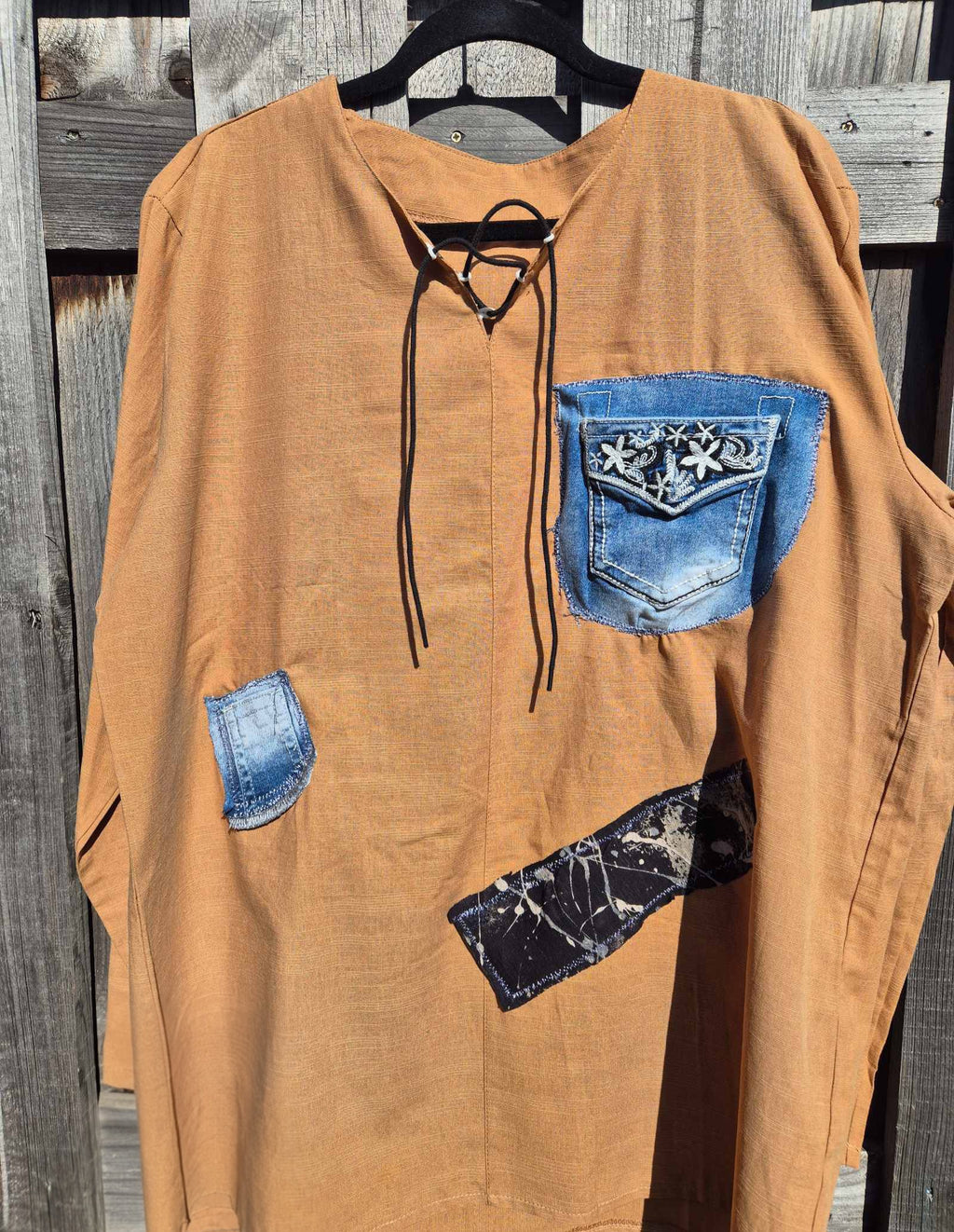 Upcycled boho top XL oversized – handmade denim patchwork | one of a kind