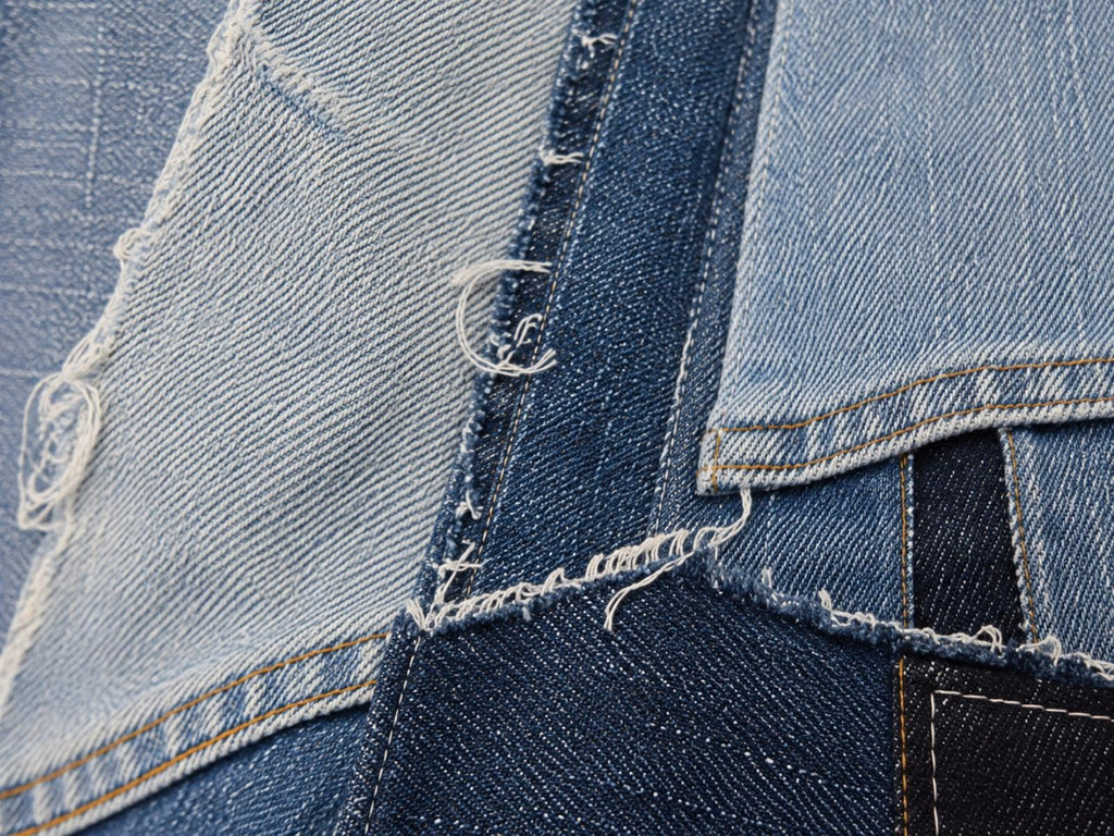 Close-up van de denimstructuur met zichtbare stiksels, rafelranden en verschillende Levi's denimstoffen.