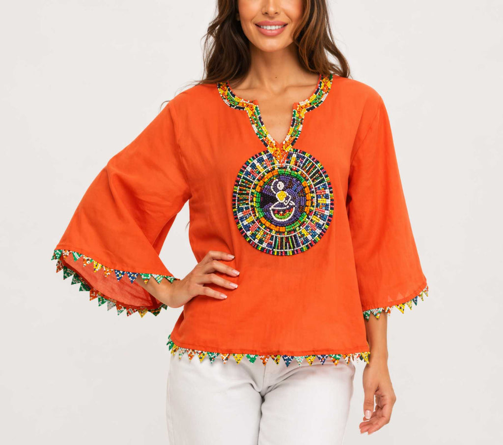 Boho Tuniek Blouse Oranje – 100% Viscose – Ibiza Style – M/L