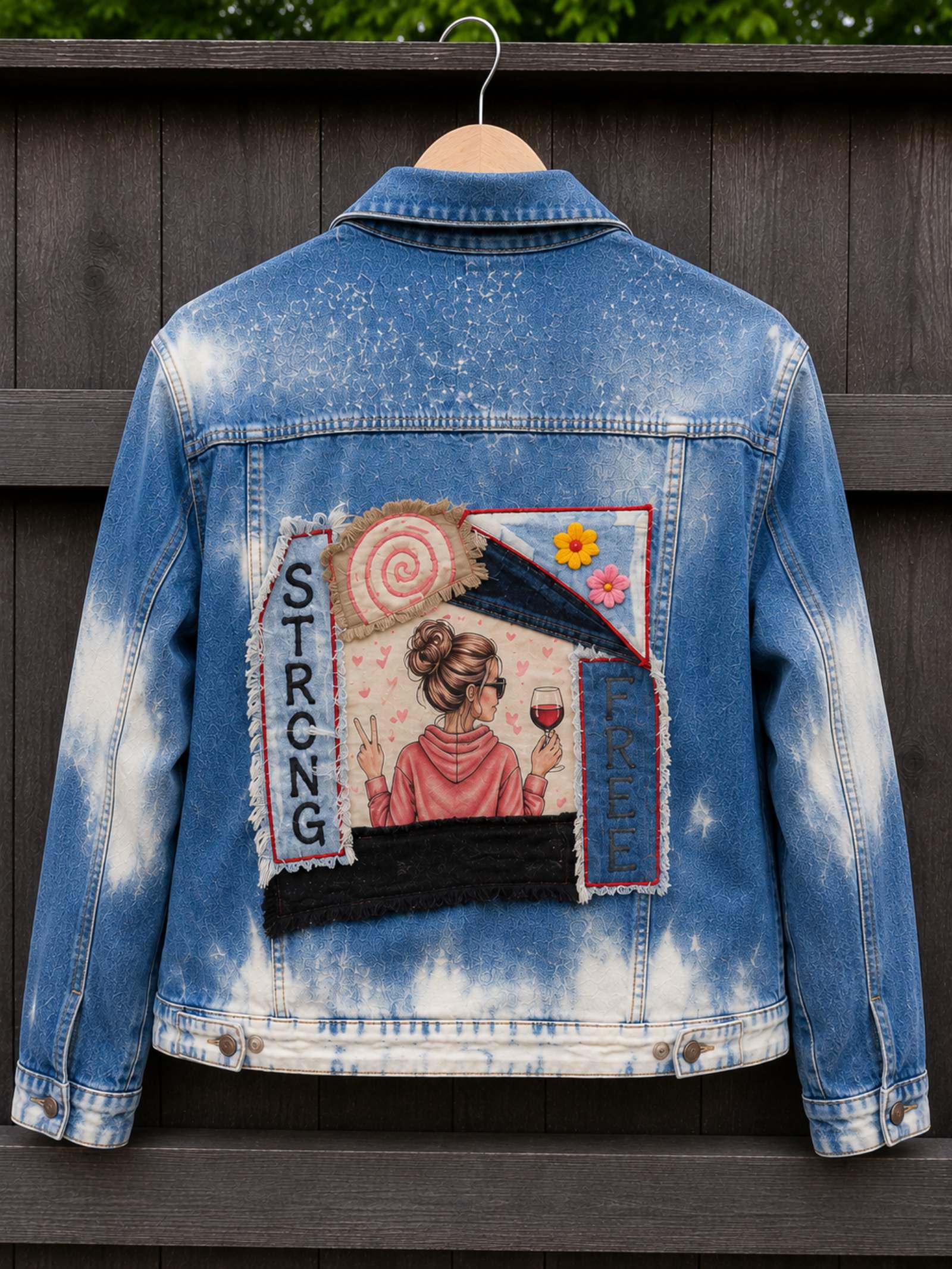 Achterkant Strong & Free denim jasje op hanger met kleurrijk upcycled rugkunstwerk