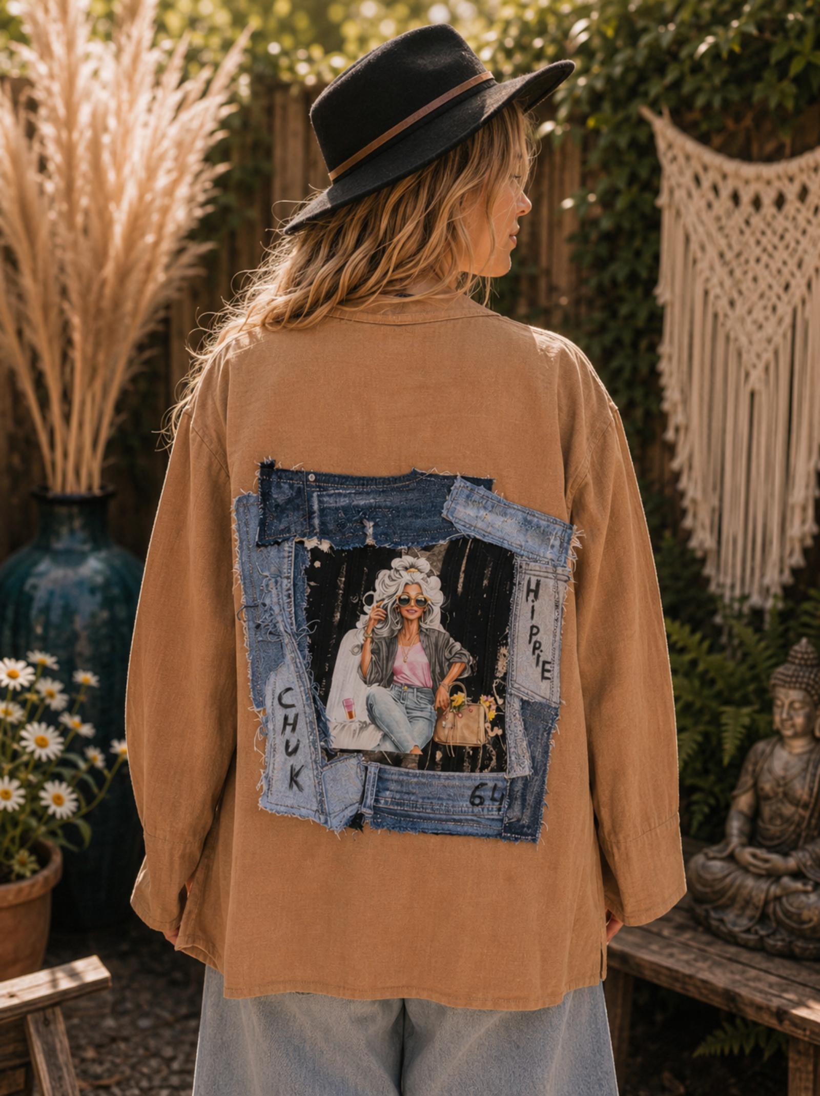 Boho top met denim details gedragen in een sfeervolle boho tuin met natuurlijke materialen en warme avondzon