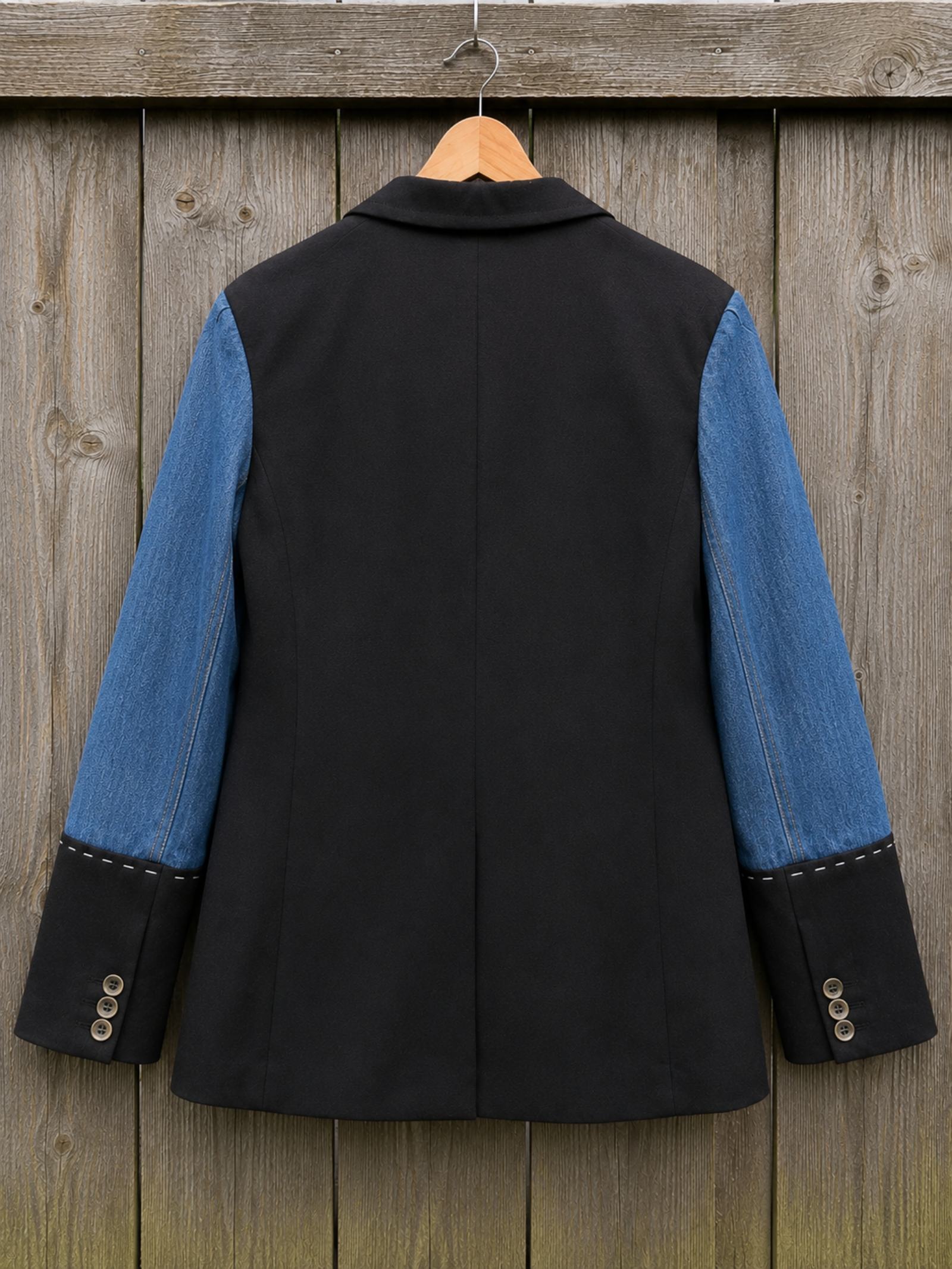 Achterzijde van een handgemaakt upcycled denim colbert op hanger met klassieke zwarte afwerking