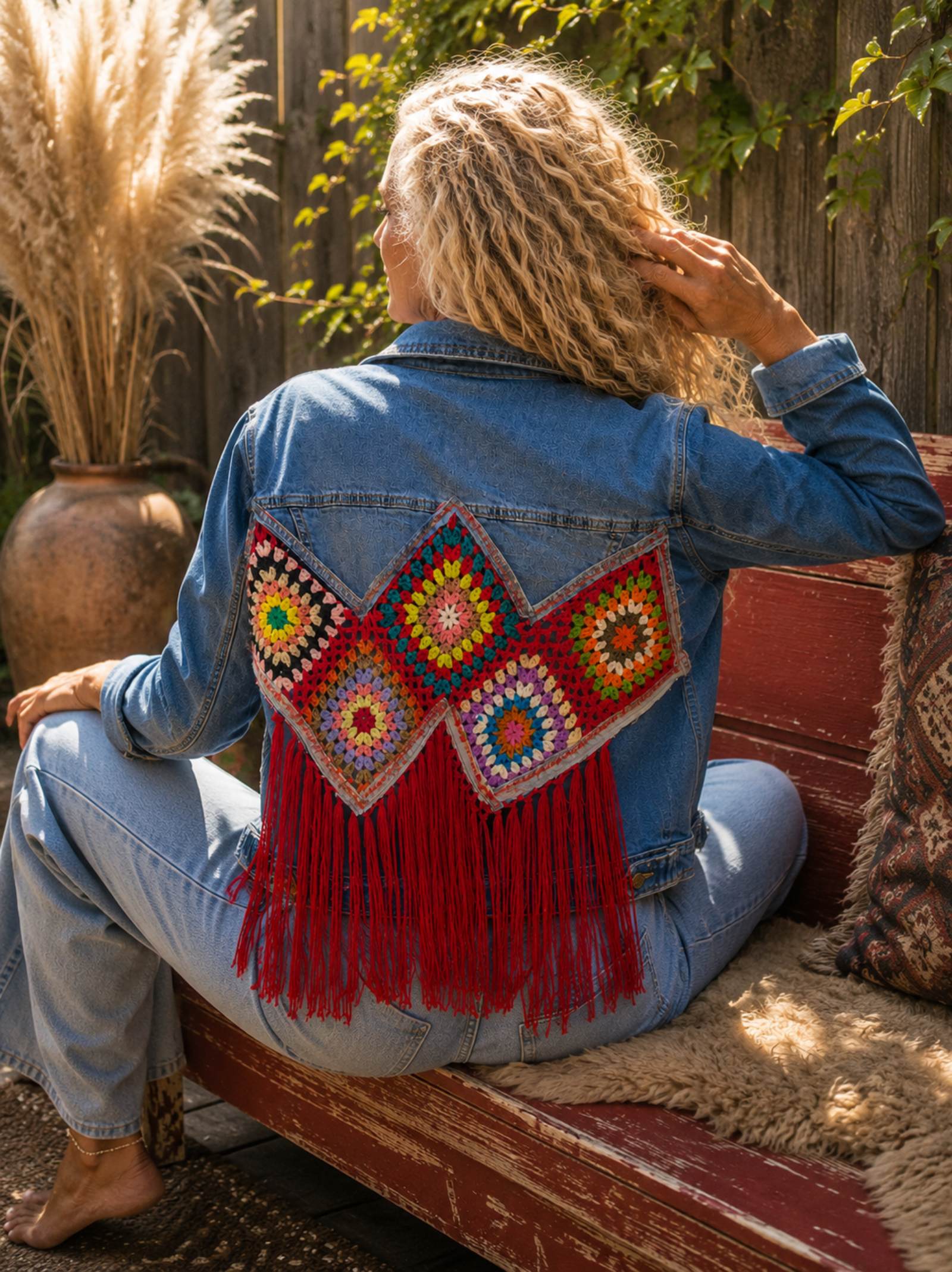 Zittend model draagt handgemaakt boho denim jasje met kleurrijke granny squares en rode franjes in zonnige tuin.