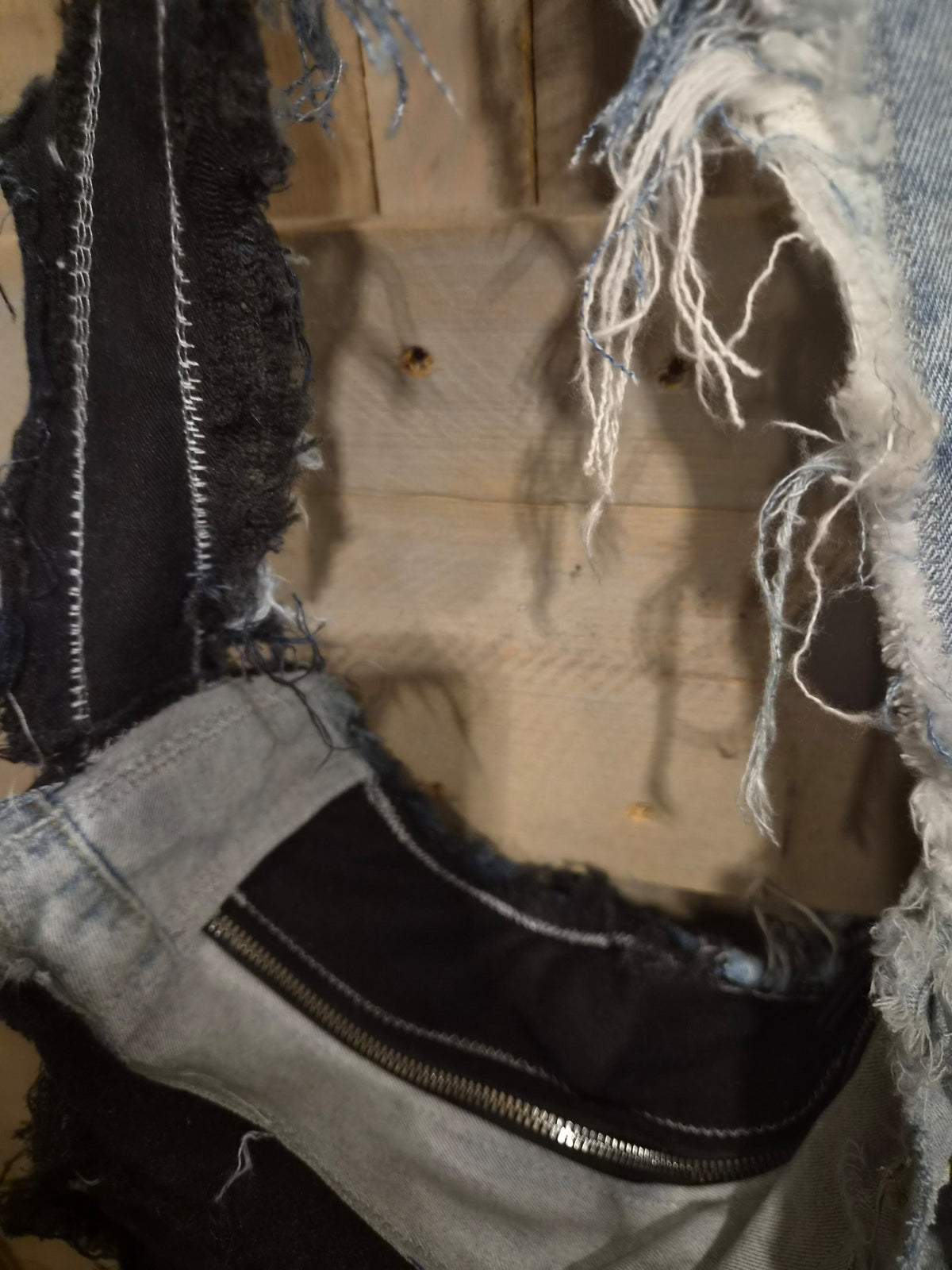 Bovenzijde handgemaakte denim schoudertas met ritssluiting