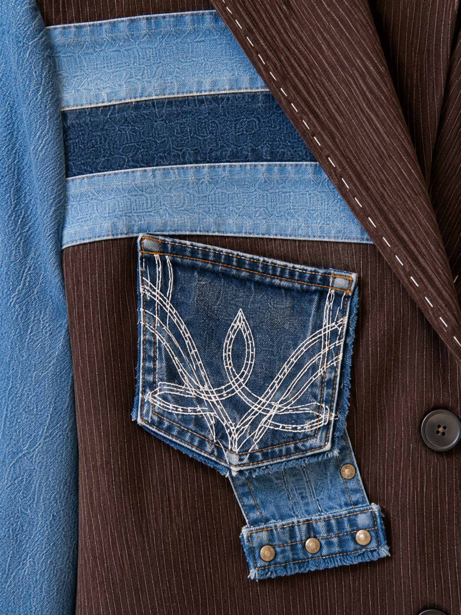 Close-up van de handgemaakte denim applicatie op het rib jasje.