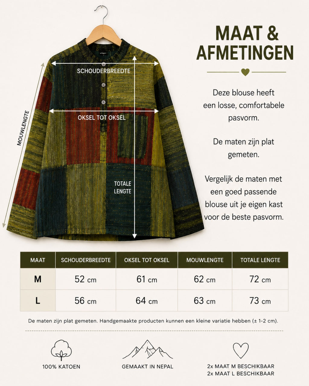 Maattabel Earth Soul patchwork blouse maat M en L met afmetingen