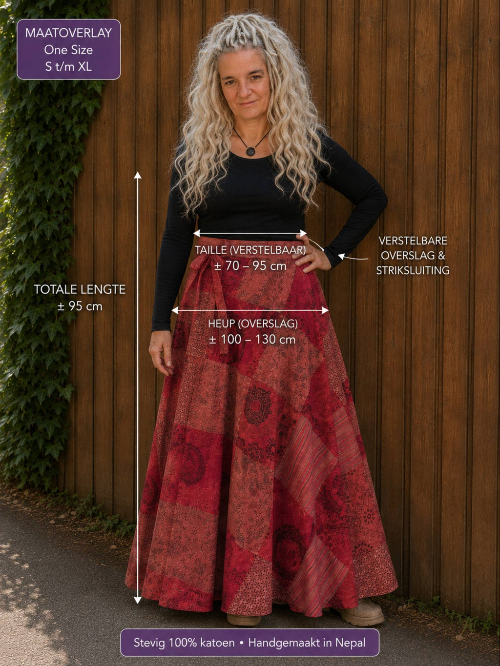 Maatoverlay van de rode boho wrap rok met lengte en verstelbare taille.