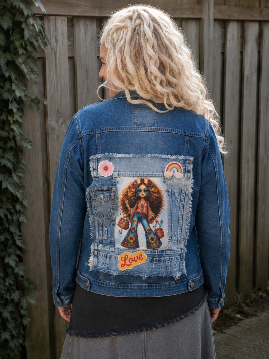 Gedragen denim jasje met uniek hippie meisje kunstwerk en patchwork achterkant