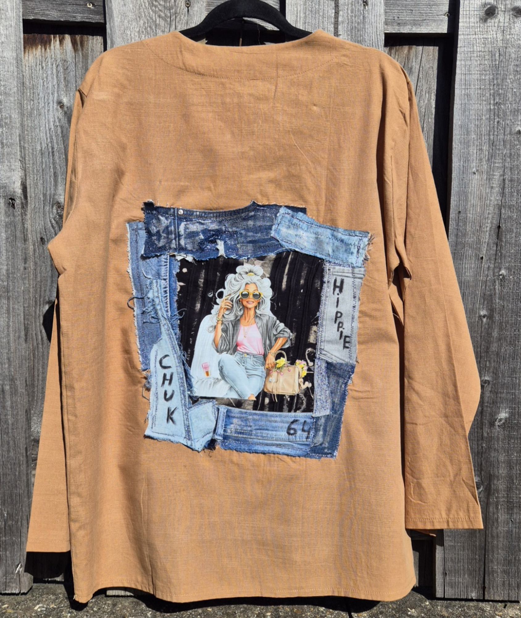 Upcycled boho top XL oversized – handmade denim patchwork | one of a kind