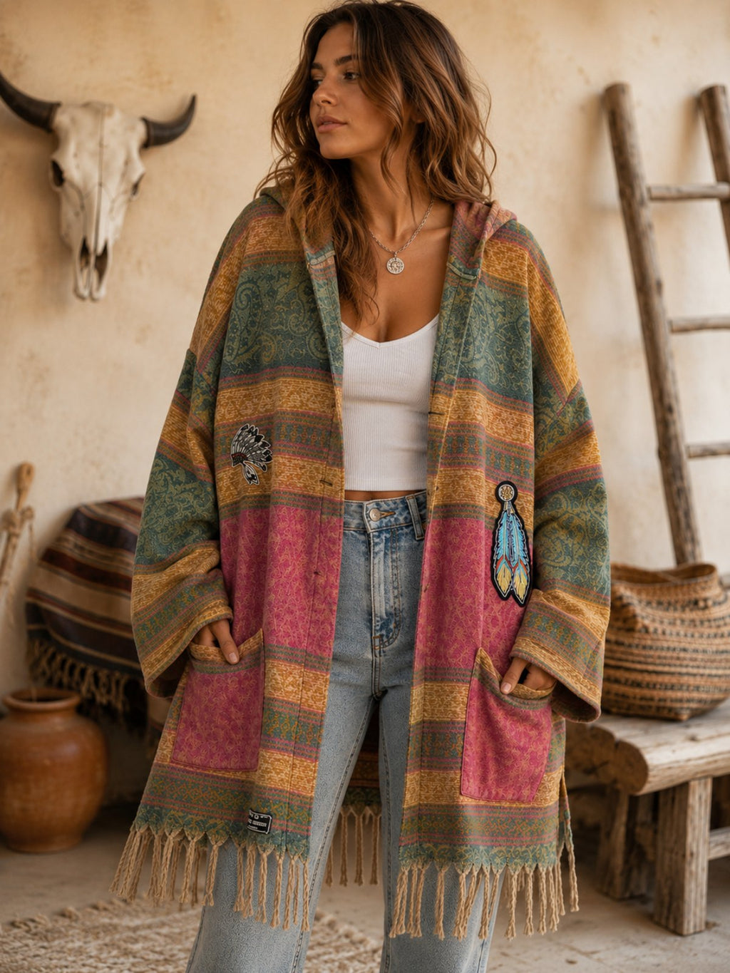 Open gedragen boho hoodie met franjes en oversized fit