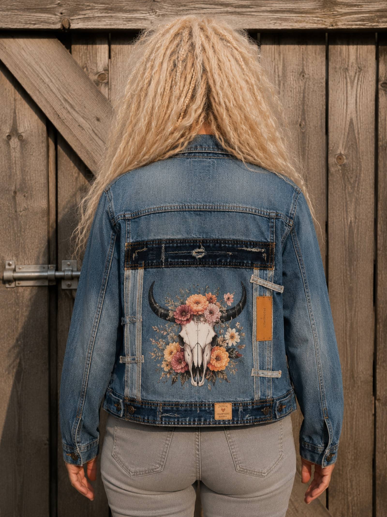 One of a Kind upcycled denim jasje met buffelschedel en bloemen kunstwerk op de achterkant, handgemaakt door Old New Atelier.