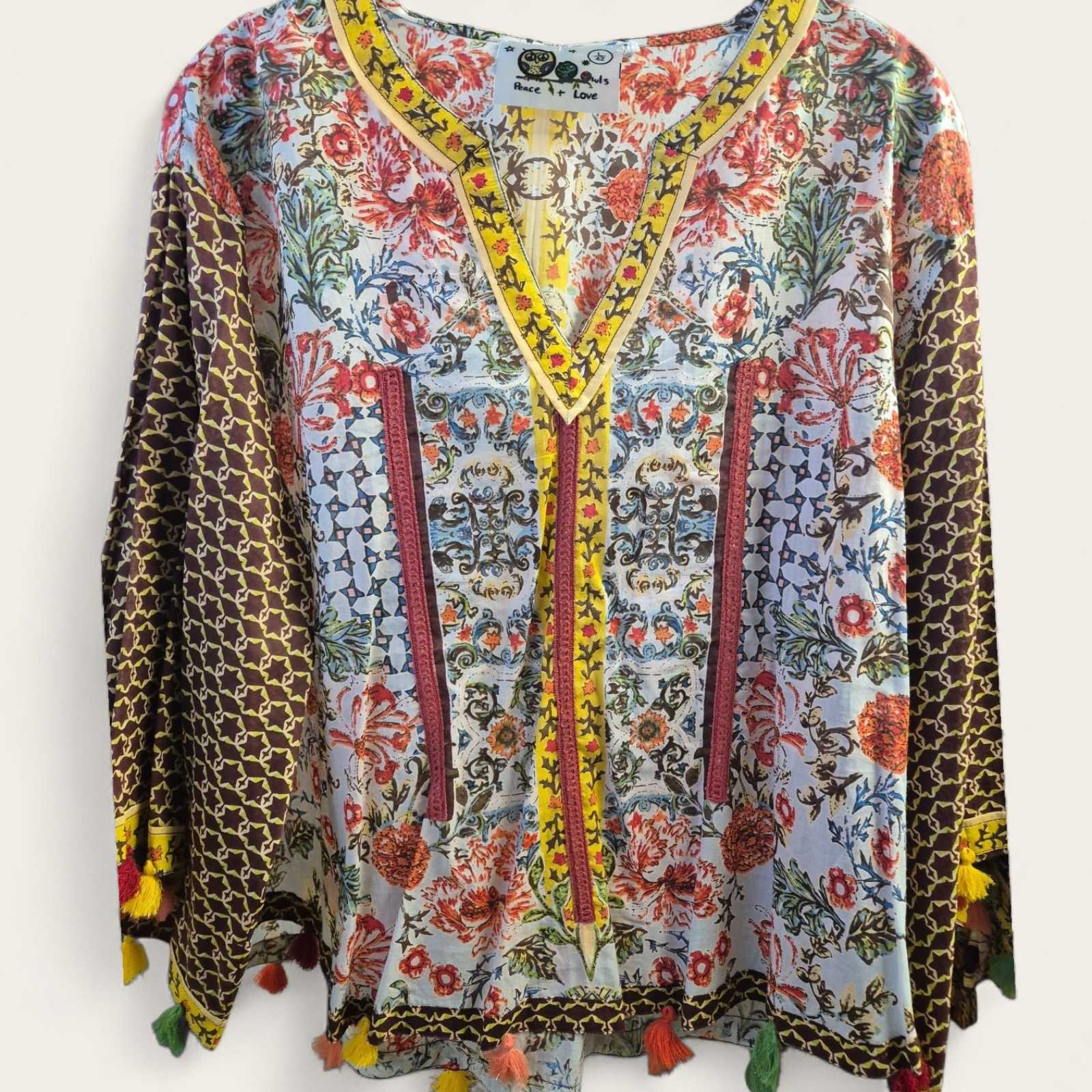 Boho Viscose Blouse – Print & Kwastjes – L & XL – Laatste Stuks