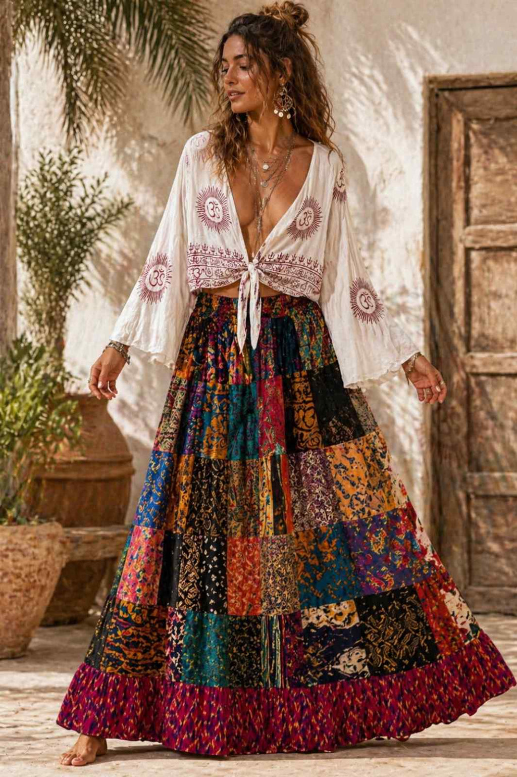 Boho patchwork rok gedragen festival outfit ibiza stijl
