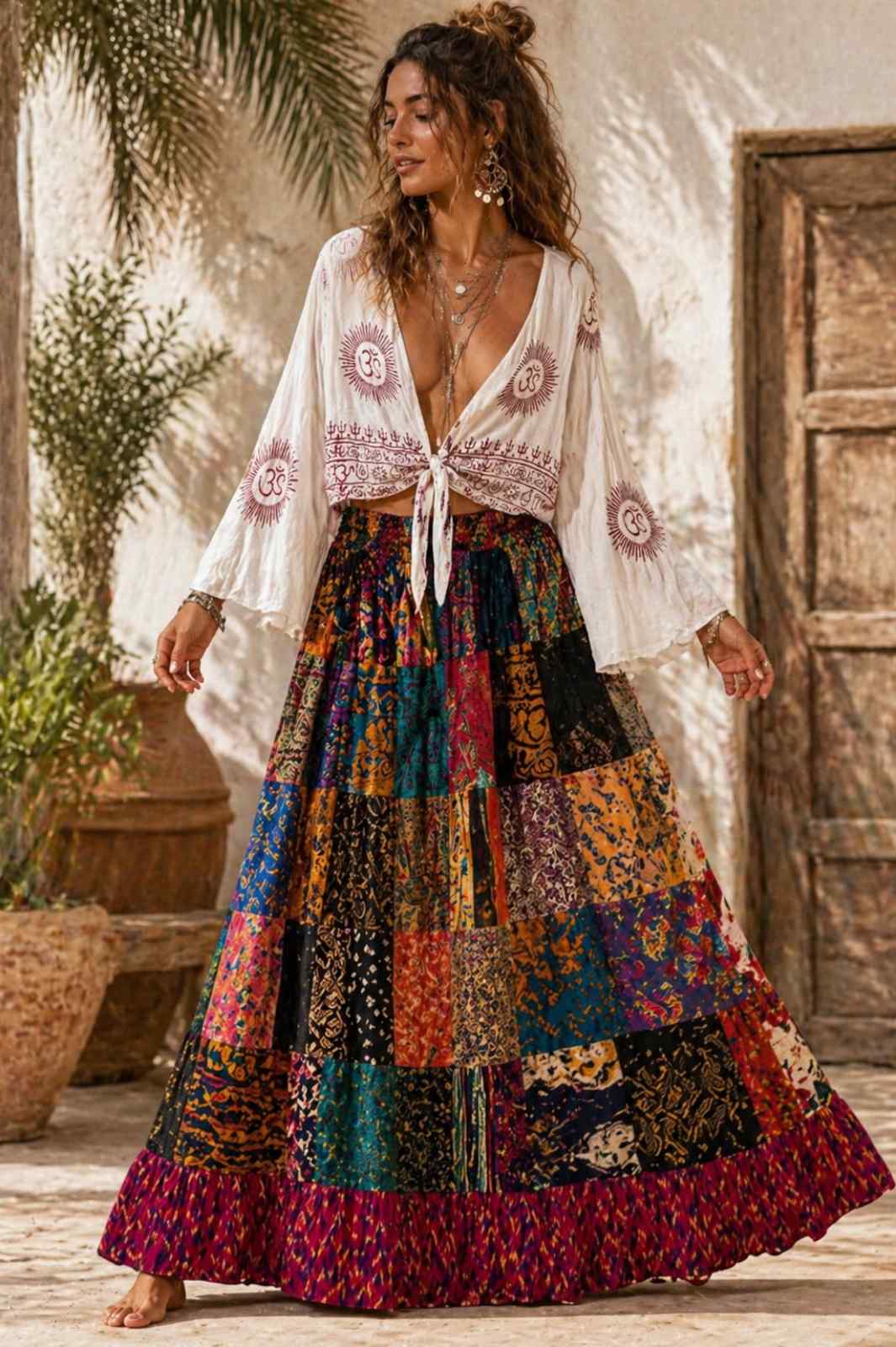 Boho patchwork rok gedragen festival outfit ibiza stijl