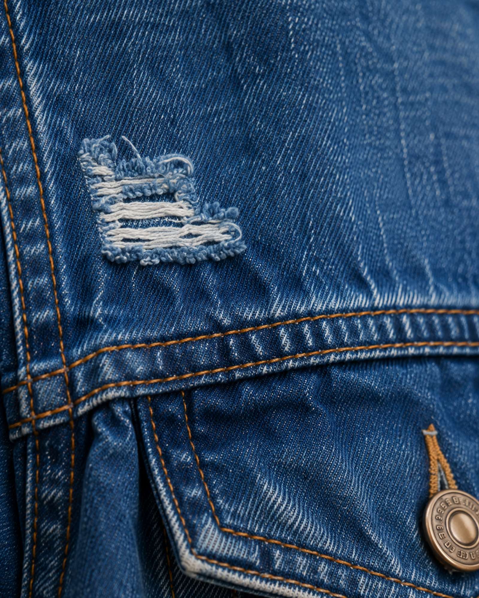 Close-up denimstructuur stiksels en distressed details van Freedom jasje