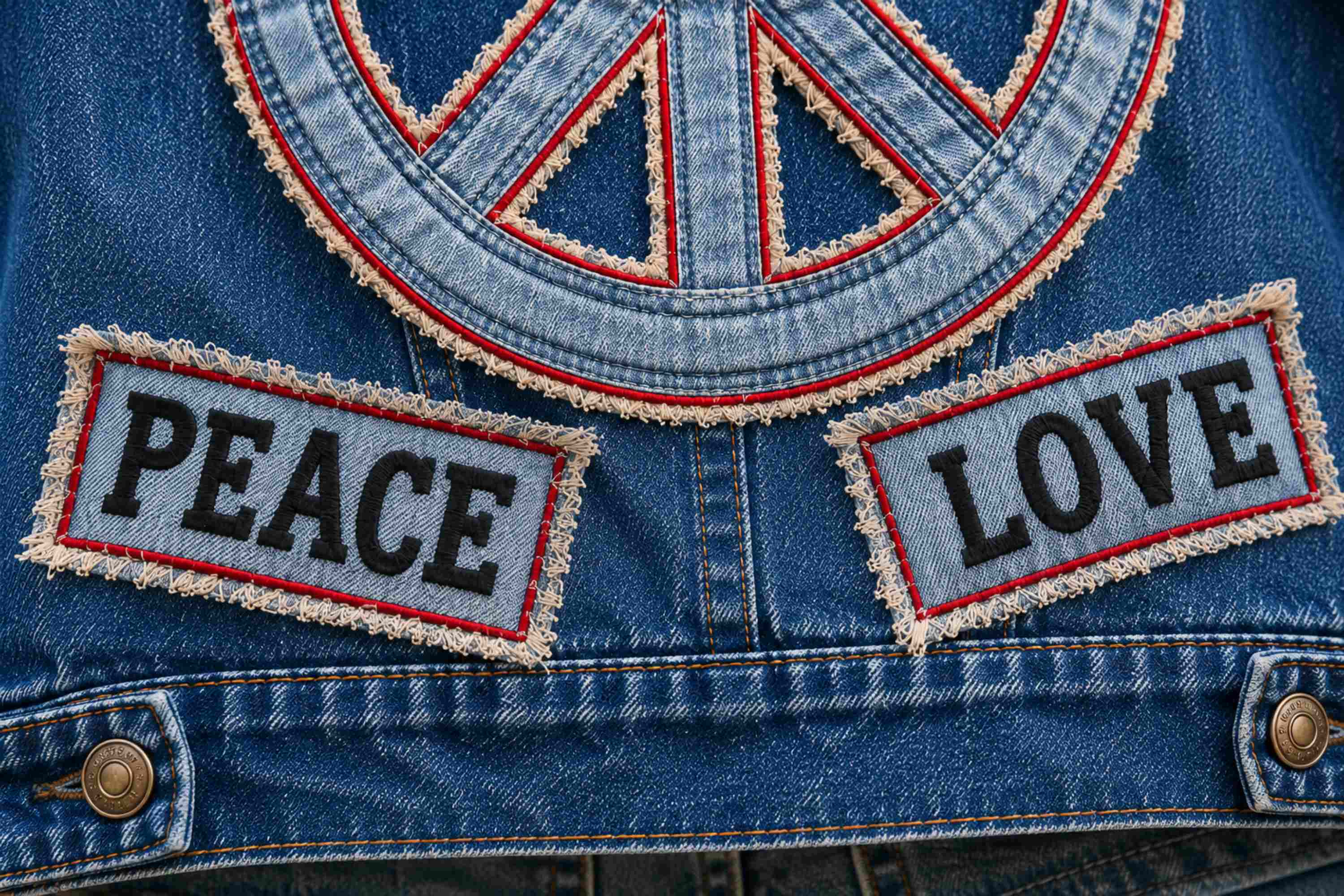 Close-up Peace en Love applicaties op achterkant Freedom denim jasje