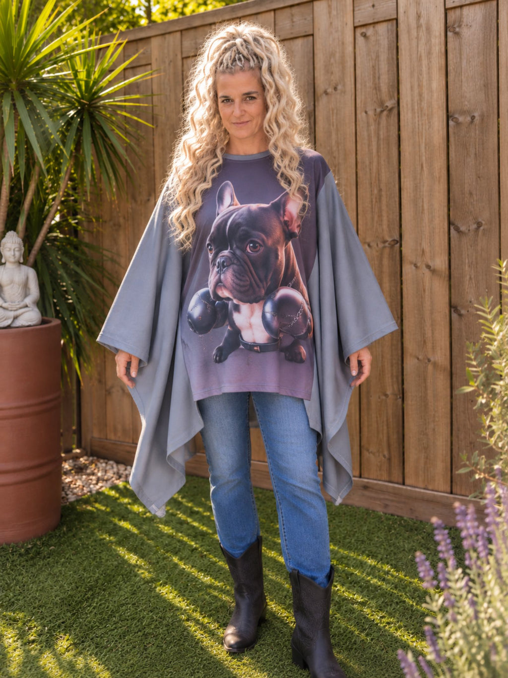 Handgemaakte upcycled Bulldog boho top gedragen van voren – Old New Atelier