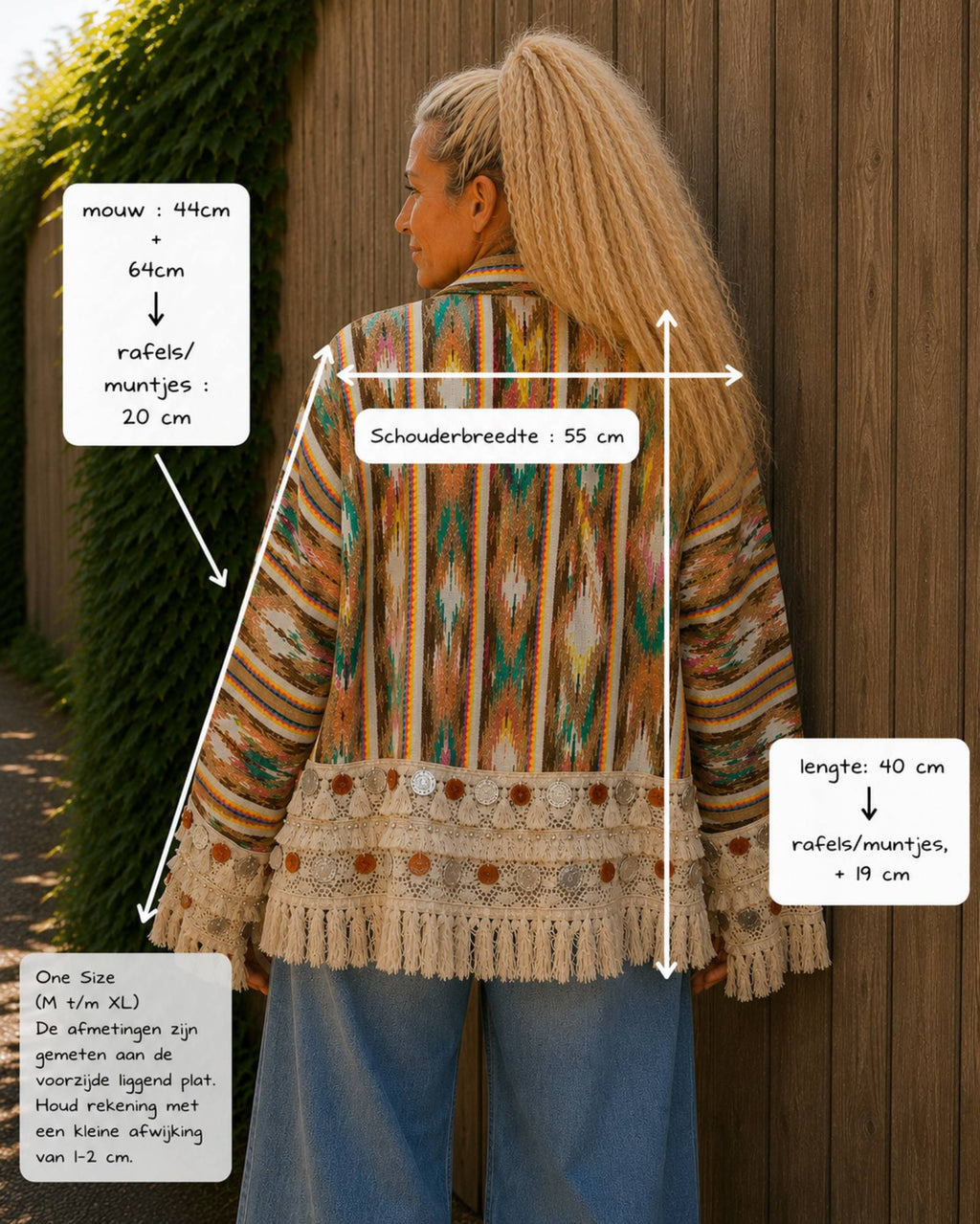 Maatoverzicht One Size boho vest met franjes en muntjes