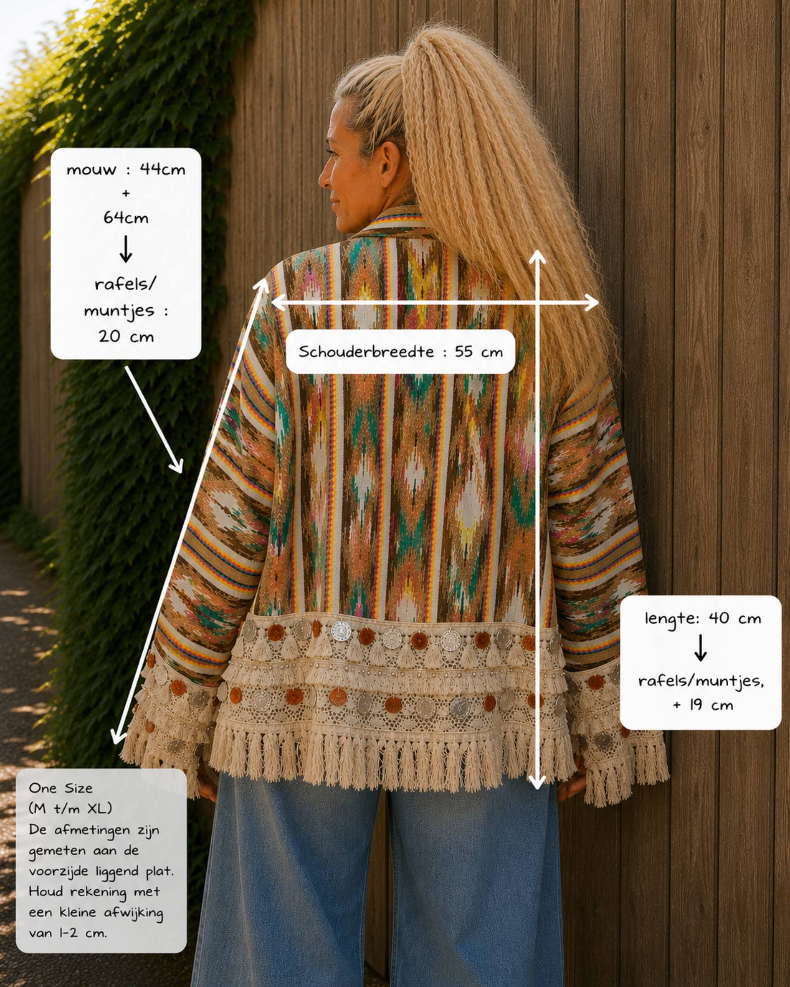 Maatoverzicht One Size boho vest met franjes en muntjes