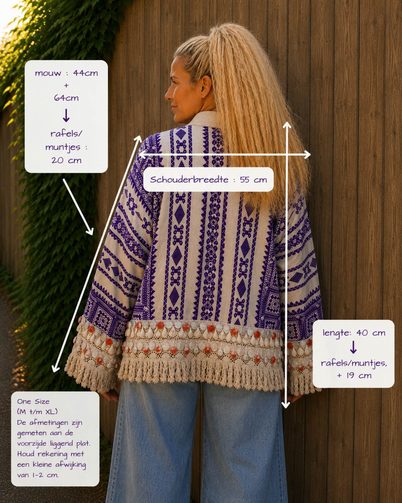 Maatoverzicht paars boho vest met franjes en muntjes