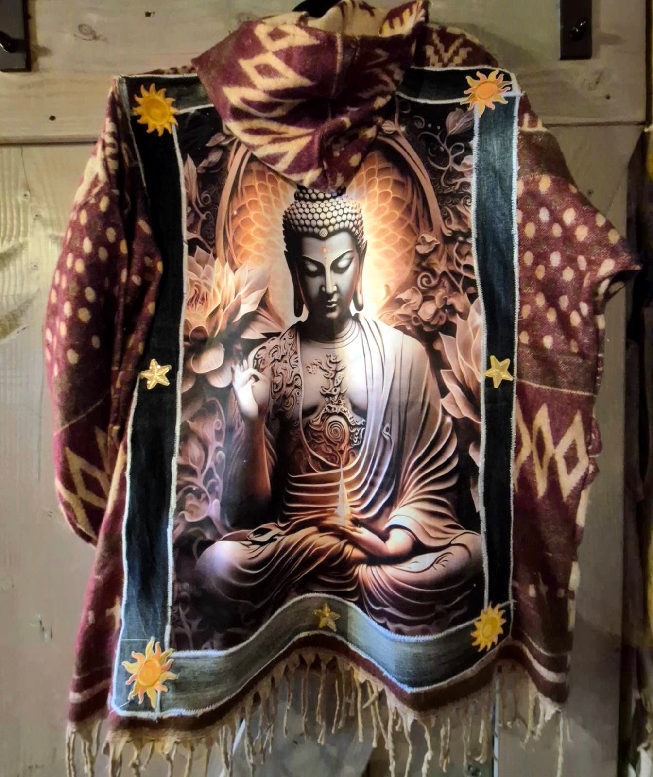 upcycled boho jas met Buddha print achterkant one of a kind
