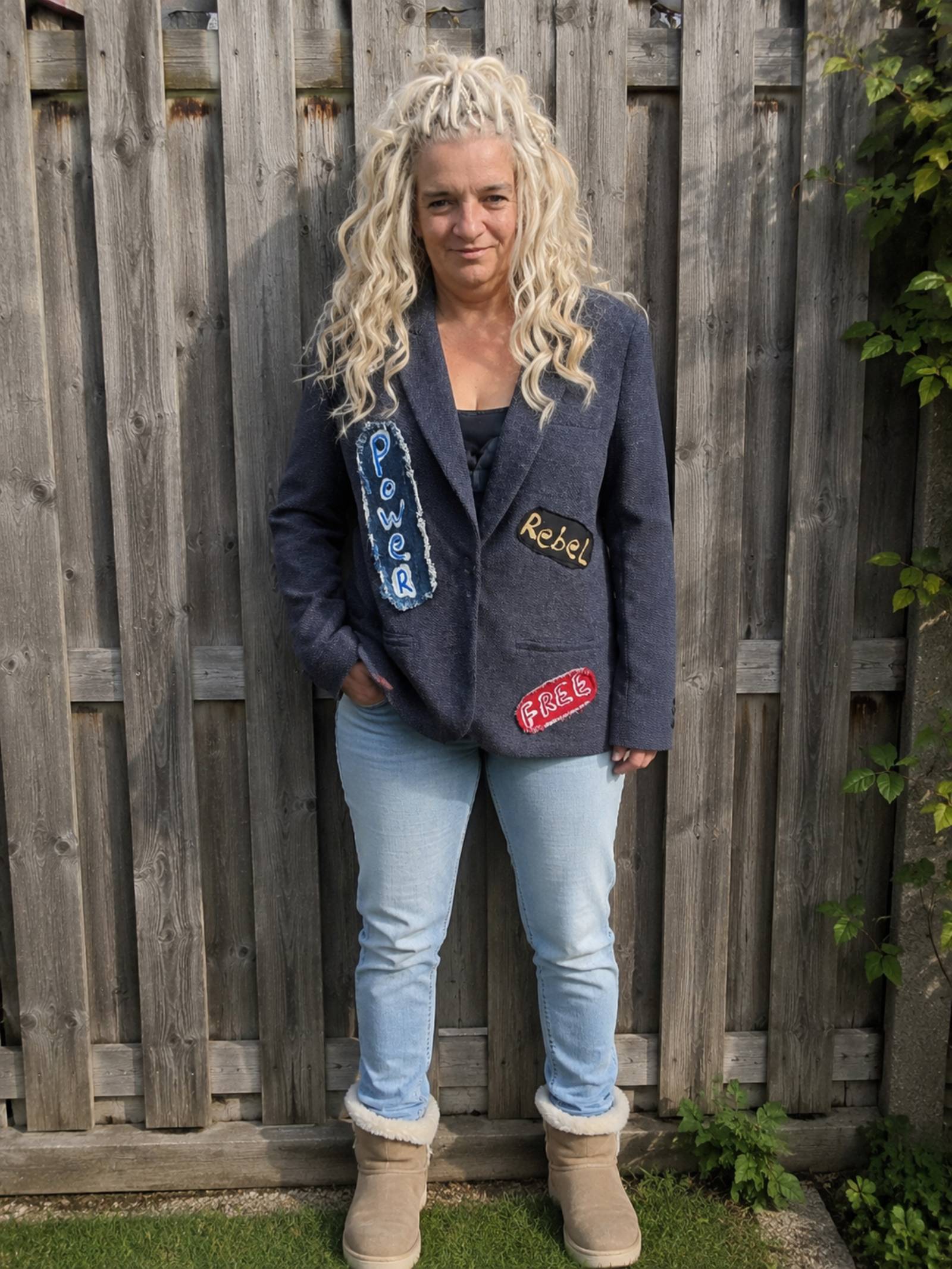 One of a Kind Power Rebel blazer gedragen door model voorkant - handgemaakte upcycled blazer - Old New Atelier
