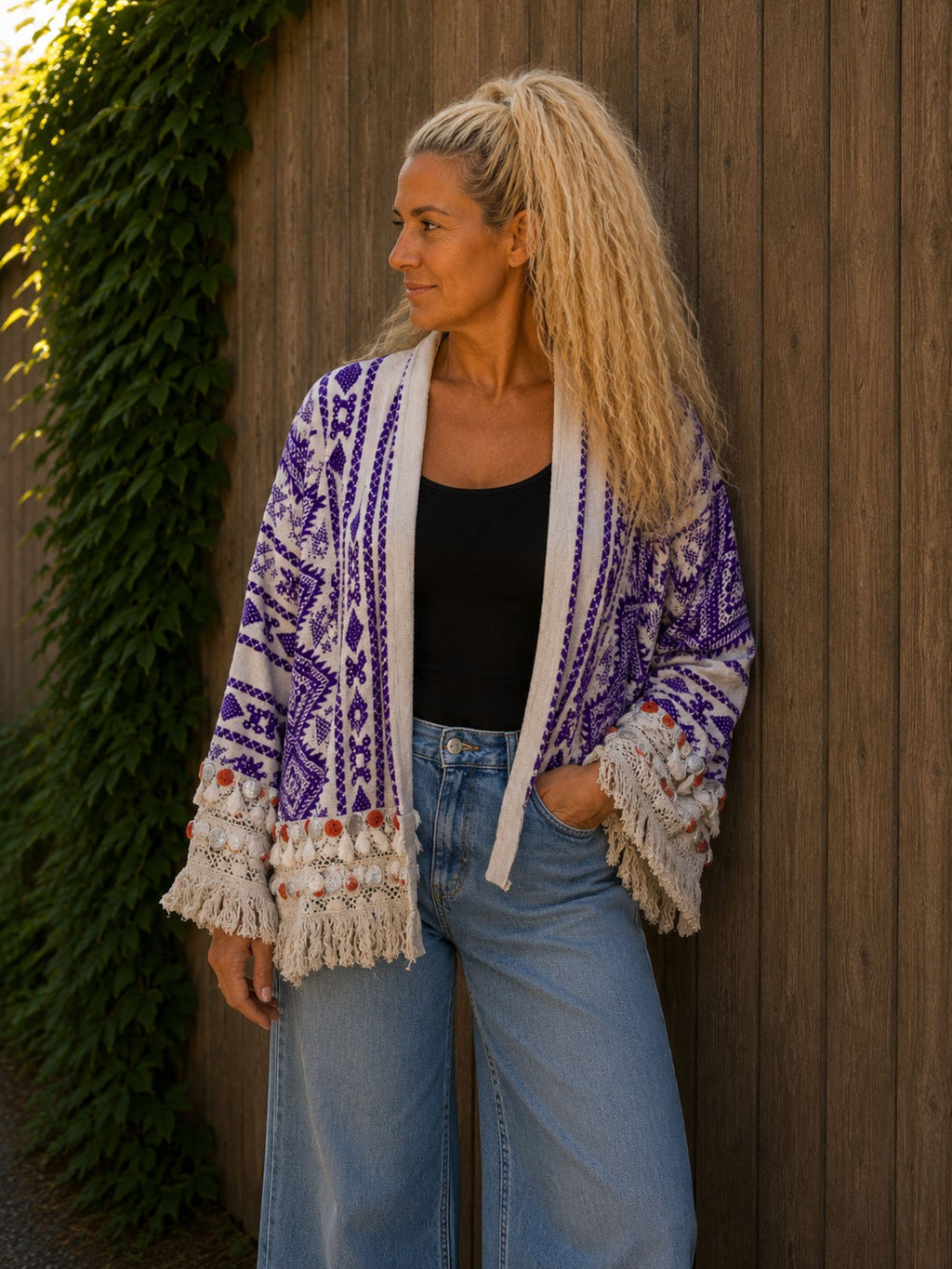 Paars boho vest gedragen voorkant