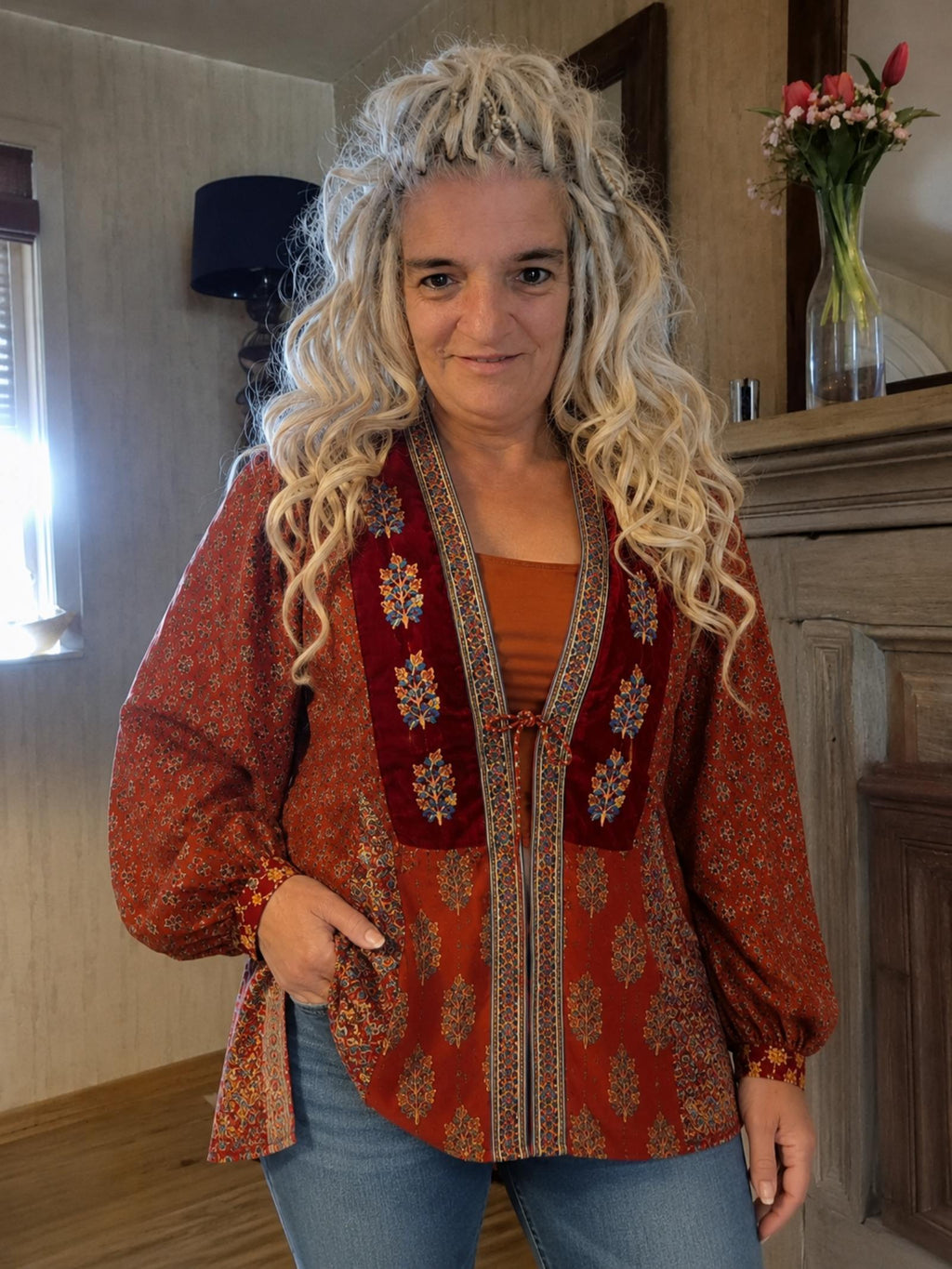 Boho Viscose Blouse – Rood Print – Met Sluiting – M & L – Laatste Stuks