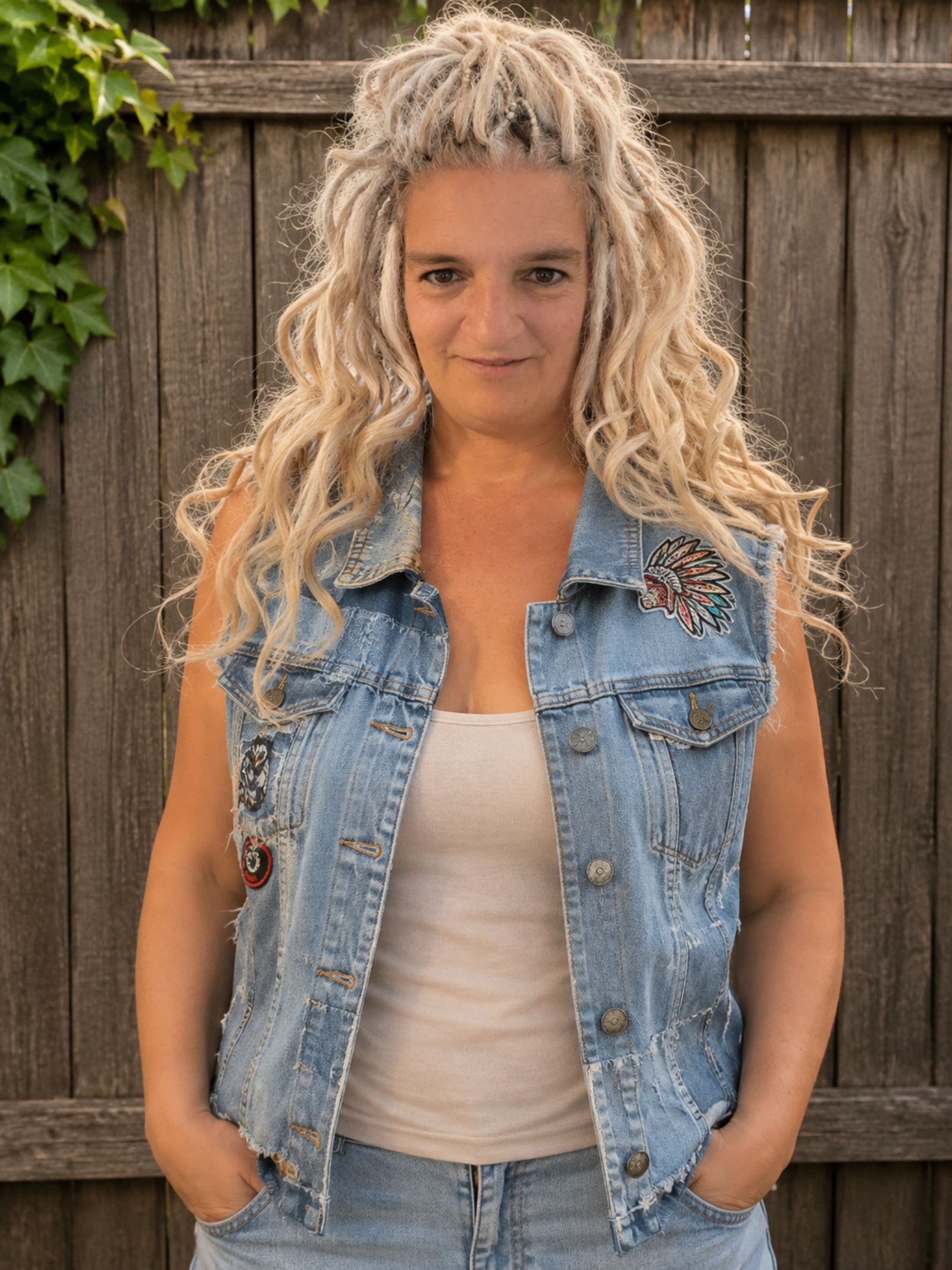 Upcycled denim hesje Wild Wolf gedragen, voorkant met peace patch en applicaties