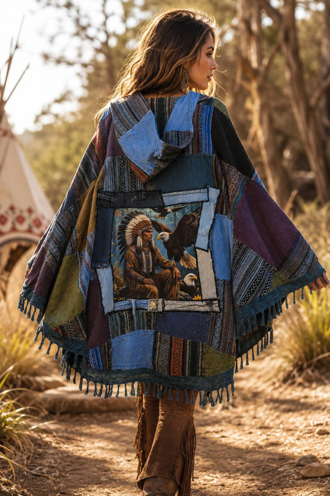Boho festival look met oversized patchwork poncho van Old New Atelier
