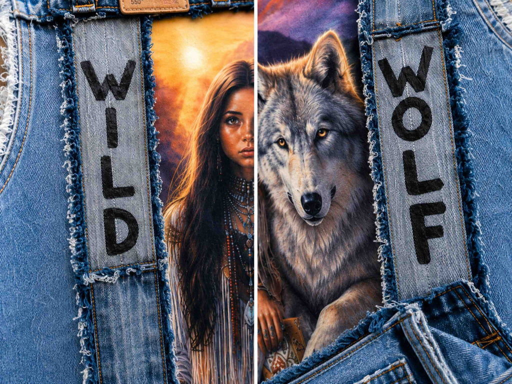 Close-up WILD en WOLF denim details naast het rugkunstwerk