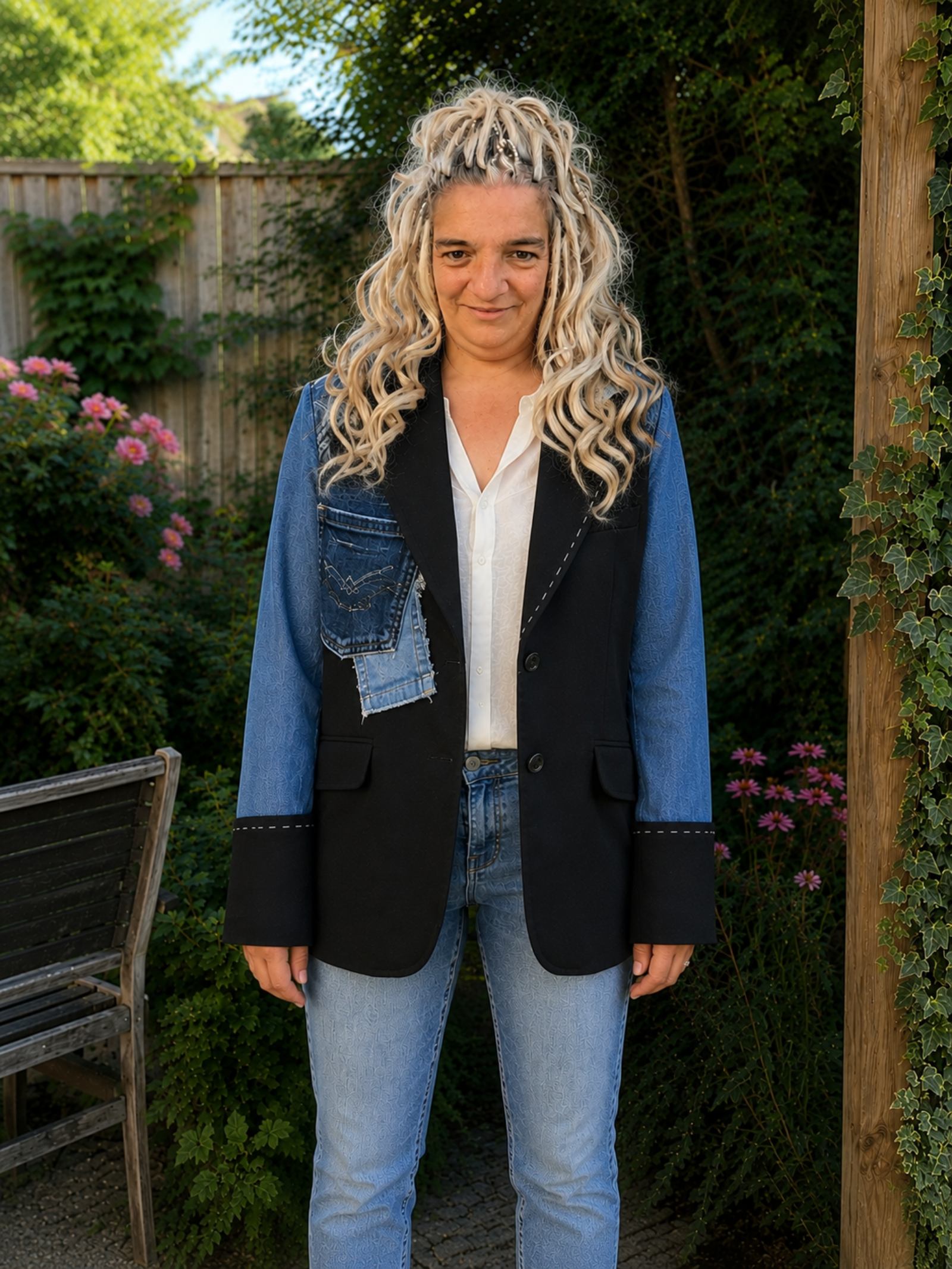 Vooraanzicht van een handgemaakt One of a Kind upcycled denim colbert met gerecyclede jeansdetails