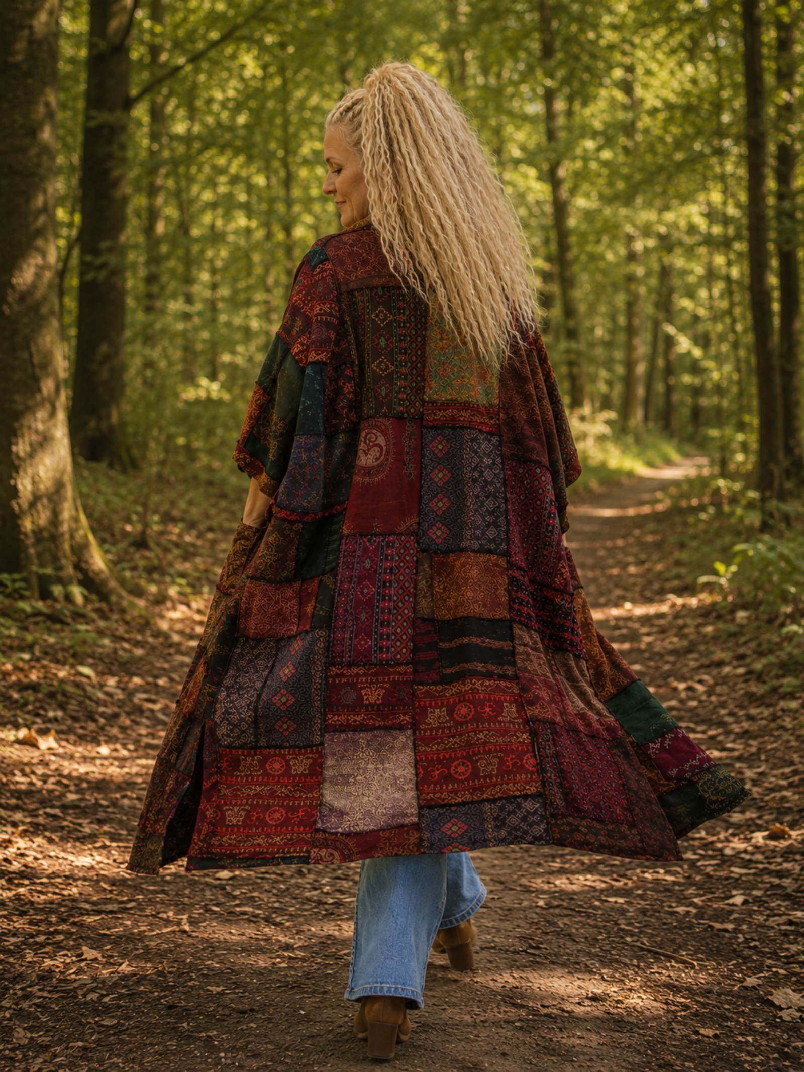 Vrouwelijk model draagt een oversized boho patchwork vest in one size tijdens een wandeling in een natuurlijke bosrijke omgeving, Old New Atelier.