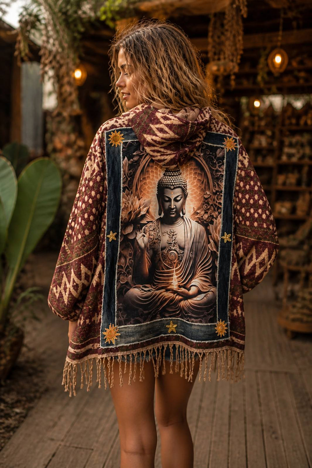 boho jas gedragen model festival vibe achterkant Buddha jas