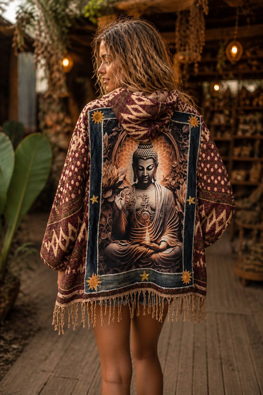 boho jas gedragen model festival vibe achterkant Buddha jas