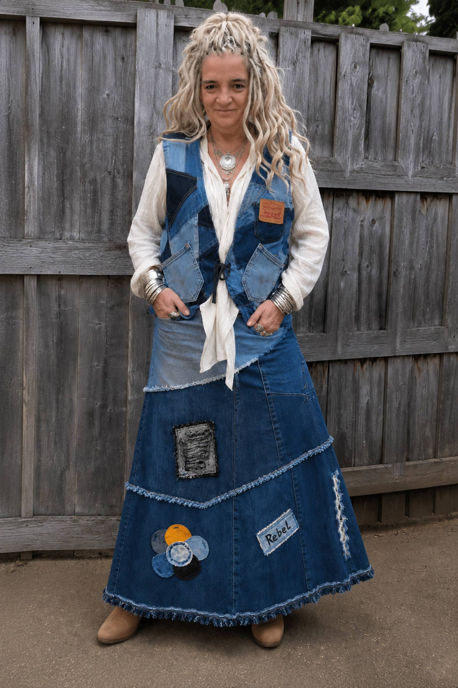 Rebel Soul handgemaakte upcycled denim patchwork rok van gerecyclede Levi's jeans gedragen voorkant - Old New Atelier