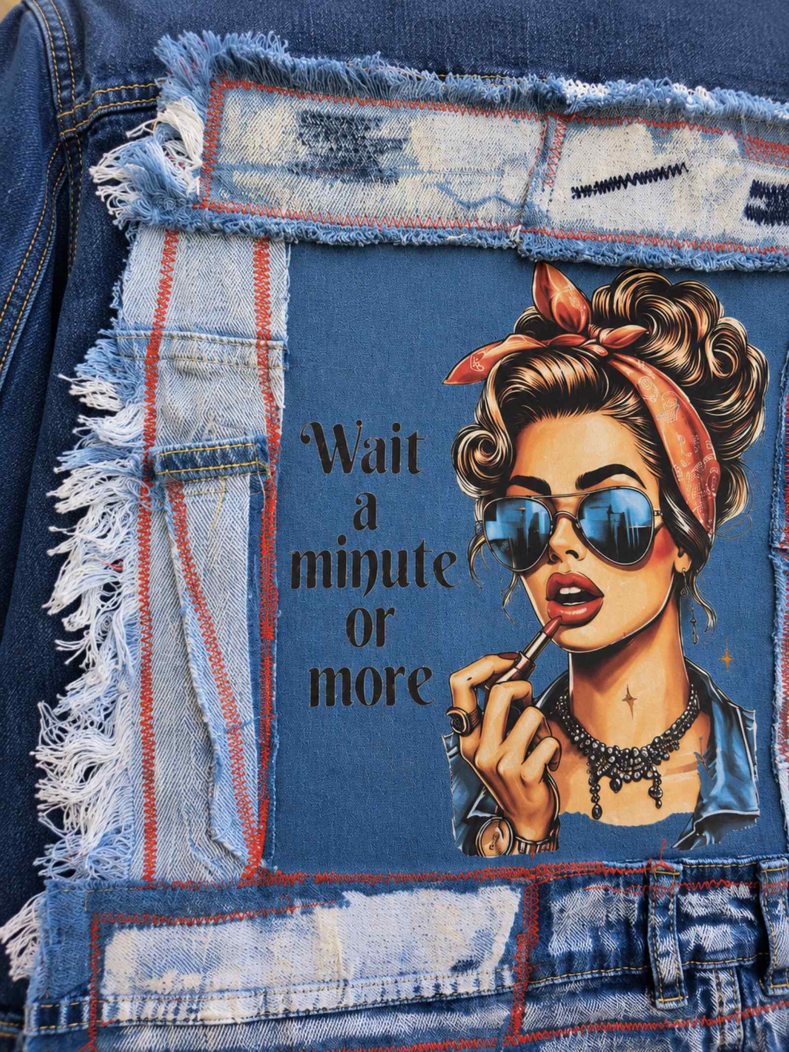 Detail van handgemaakt patchwork, jeanspatches en rafels op Wait a Minute upcycled denim jasje