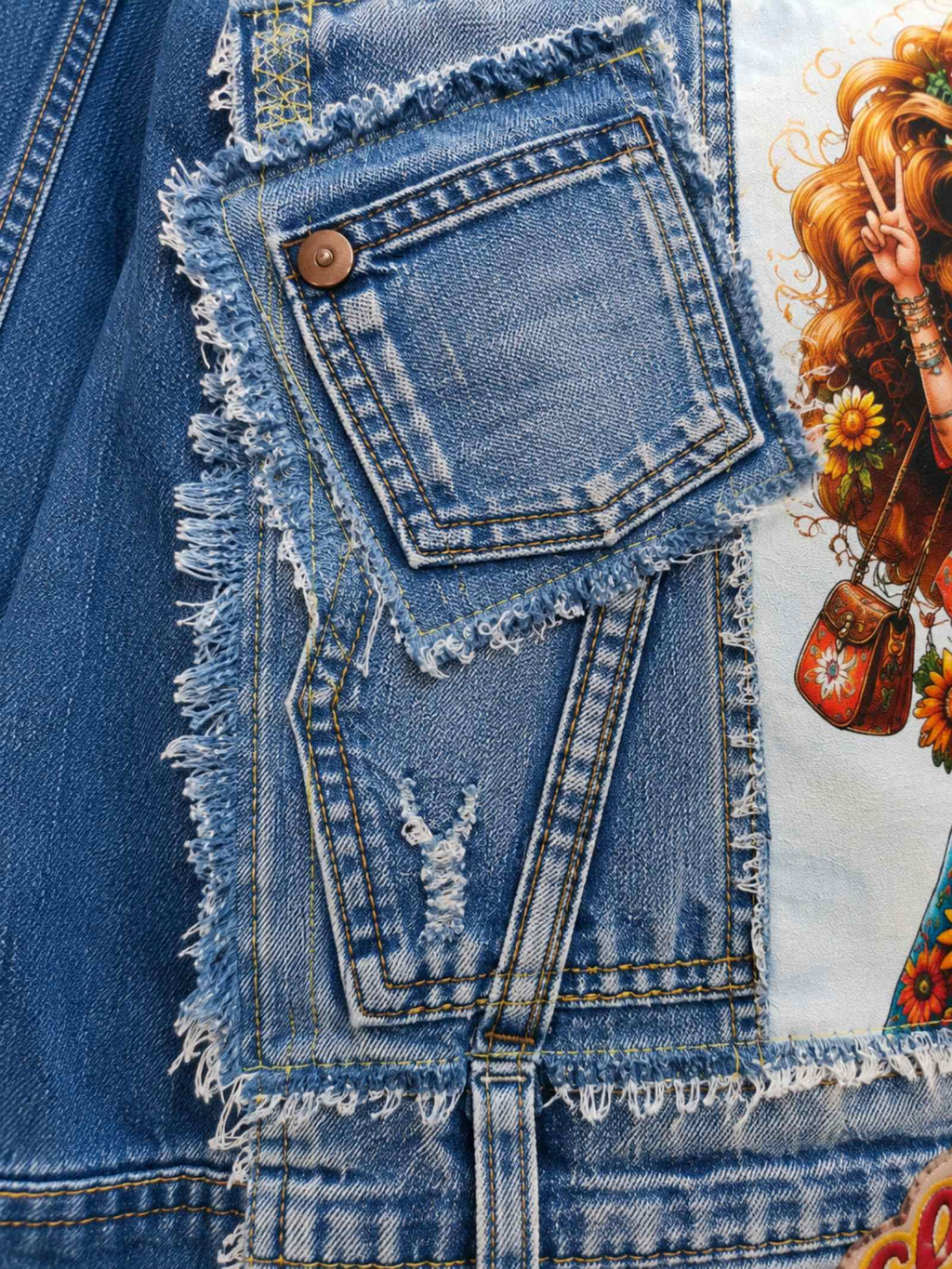 Detail van denim patchwork met jeanszak en rafelranden op handgemaakt jasje