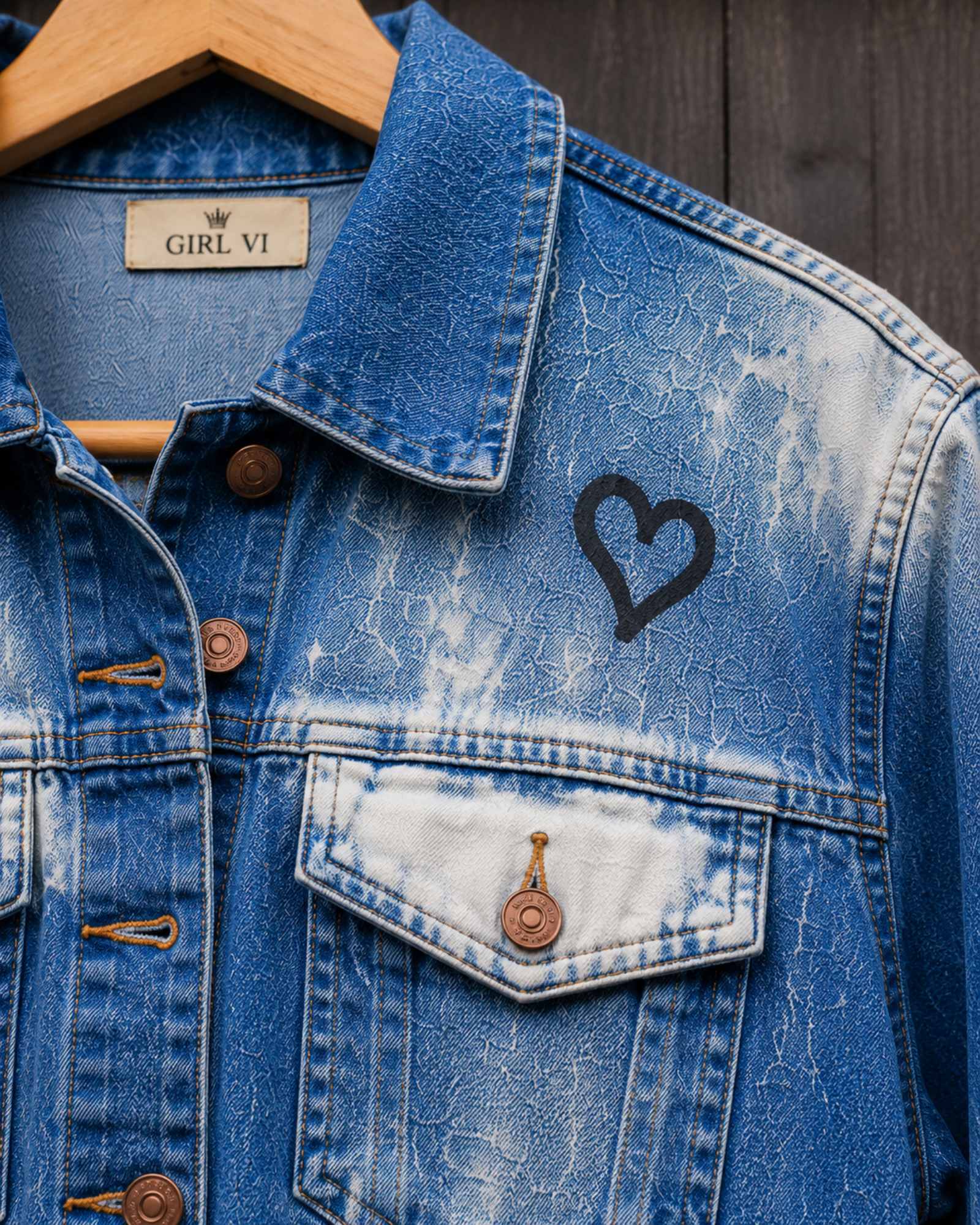 Detail zelf gebleekt denim en zwart hartje op voorkant Strong & Free jasje