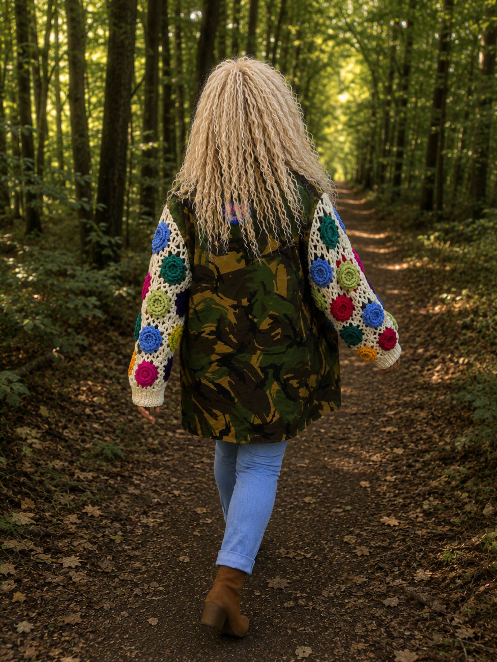 Model draagt een handgemaakte camouflage jas met gehaakte bloemenmouwen tijdens een wandeling in het bos, boho festival stijl.