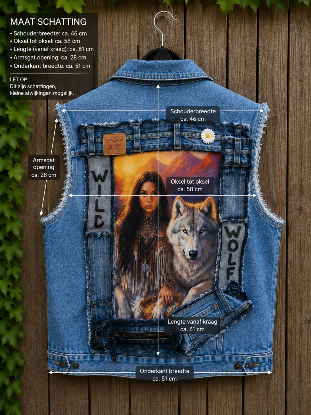 Maataanduidingen van het Wild Wolf upcycled denim hesje
