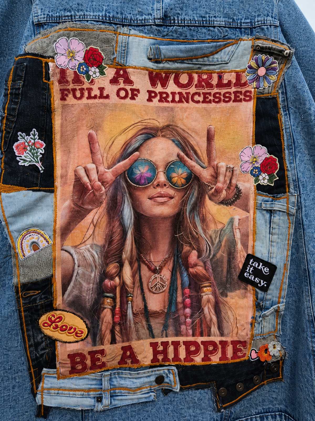 Detail van Be A Hippie patch op upcycled denim